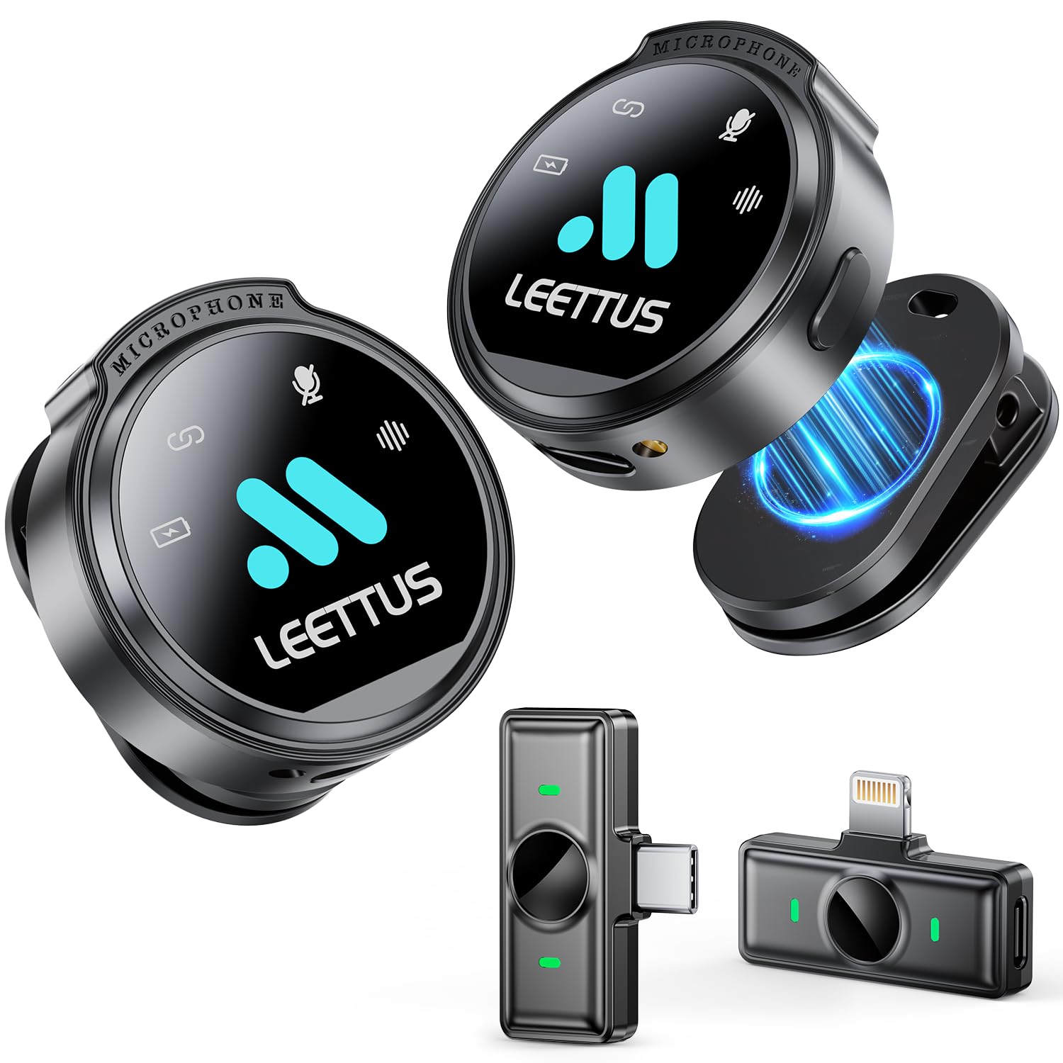 Leettus 2pcs Lavalier Wireless Microphone for iPhone 7-14/15/16,Android,Tablet,iPad Video Recording,Mini Microphone for TikTok,Live Streaming,Interviews,Dual Receivers (for USB-C & Lightning Devices)