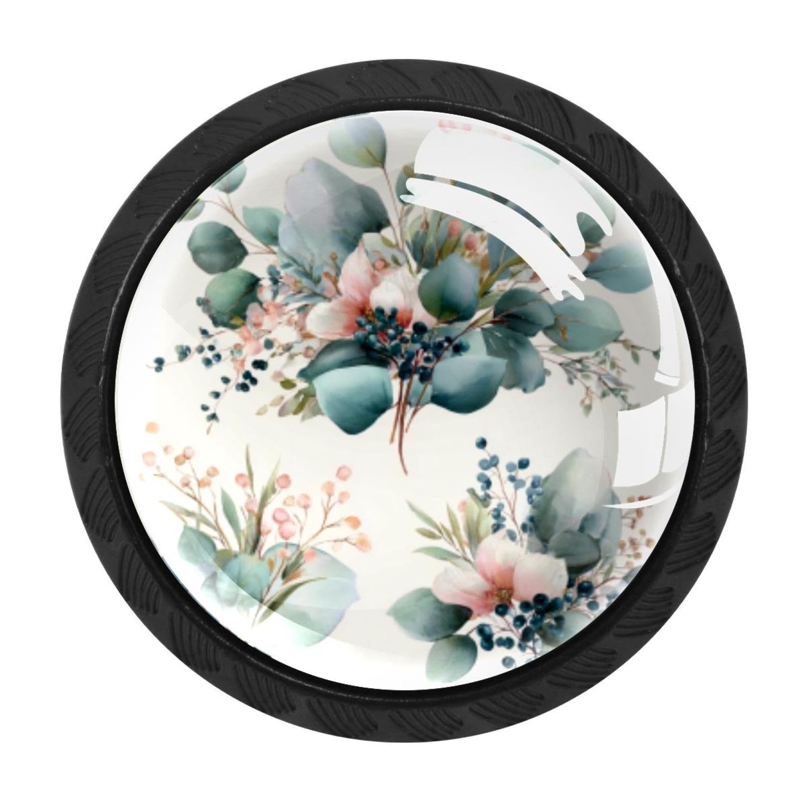 CHENZZZZ 4 Pieces Leaves Branches Berries Eucalyptus (3) Drawer Knobs, 35mm Black Kitchen Cabinet Knobs, Drawer Pulls and Knobs, Glass Cabinet Hardware Single Hole Knob for Cabinets and Drawers Round