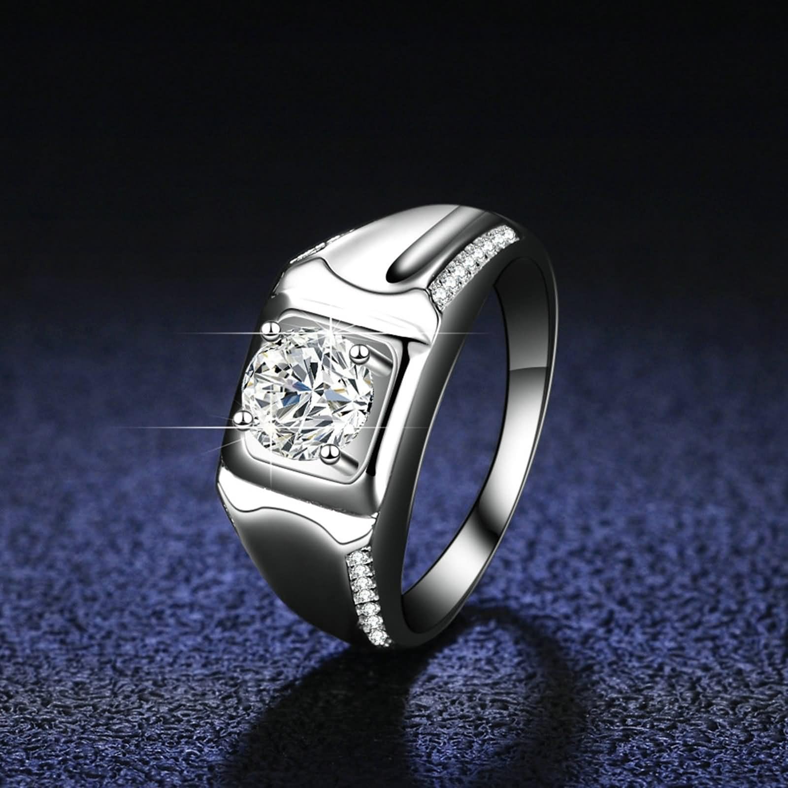 Anillo de compromiso para hombre de plata y oro blanco de 18 quilates, 4 capas, 1 quilate, redondo, moissanita, plata, talla 63 (20,1)