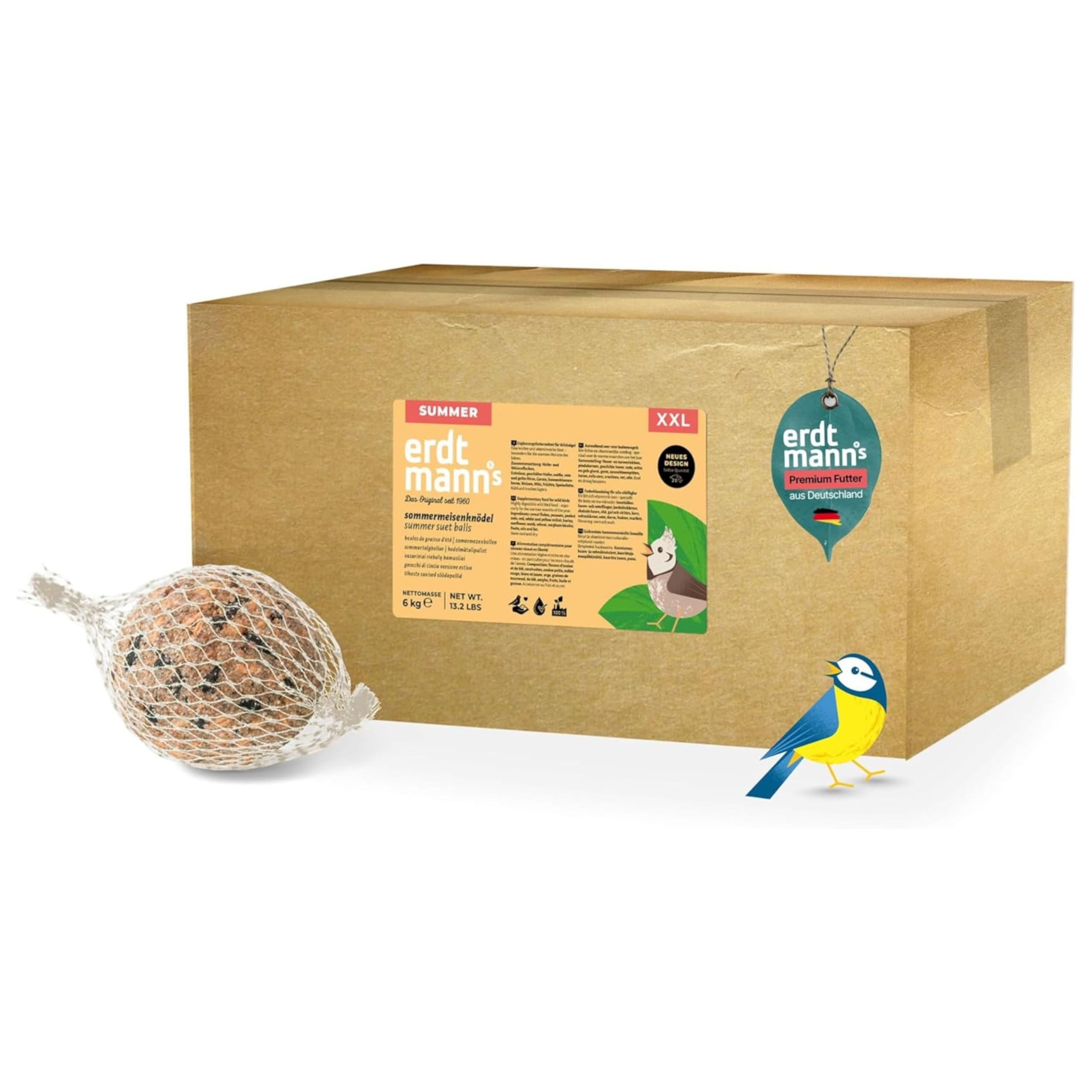 Erdtmanns Sommer-Meisenknödel XXL ohne Netz, 12 x 500 g – Riesige Wildvogelfutter-Knödel für den Sommer – Umweltfreundlich & energiereich – Ideal für Brutzeit & Jungvögel