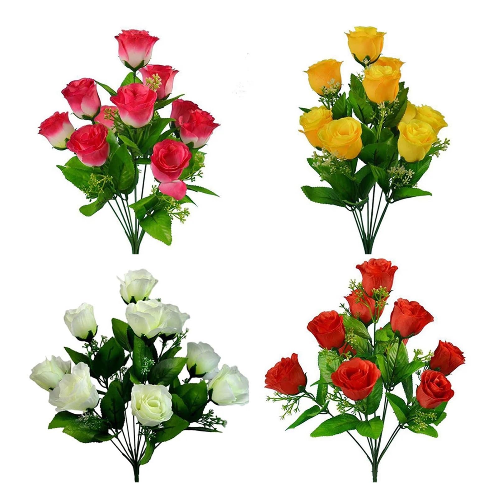 Dcrxz Artificial Flowers 5pcs Stems Artificial Silk Fake Flowers Rose Bud Bunch Wedding Bridal Bouquet Flowers Home Outdoor Party Decoration(White)