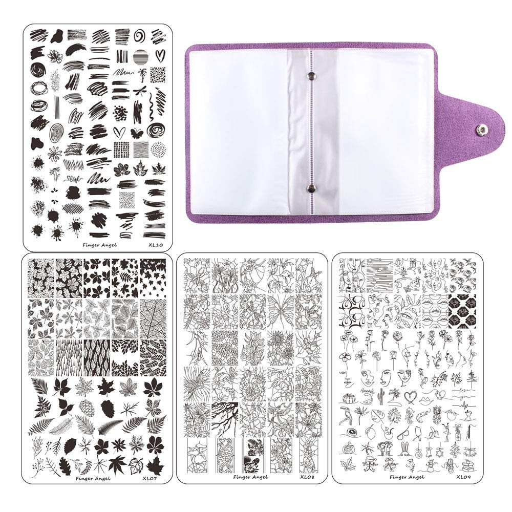 FingerAngel 4PCS XL Nail Art Stamp Plates with Stamping Image Plates Collection Manicure Tools Plate Organizers XL07-10