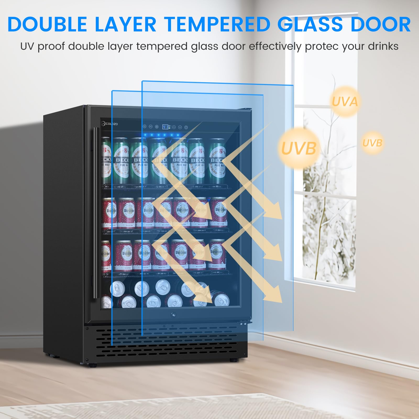 Colzer 24 Inch Black Beverage Refrigerator Under Counter,190 Cans Beverage Fridge With Glass Door&Lock, Built-In/Freestanding Beverage Cooler For Home Bedroom Bar Or Office, Low Noise Compressor on Fridge.com - View 5