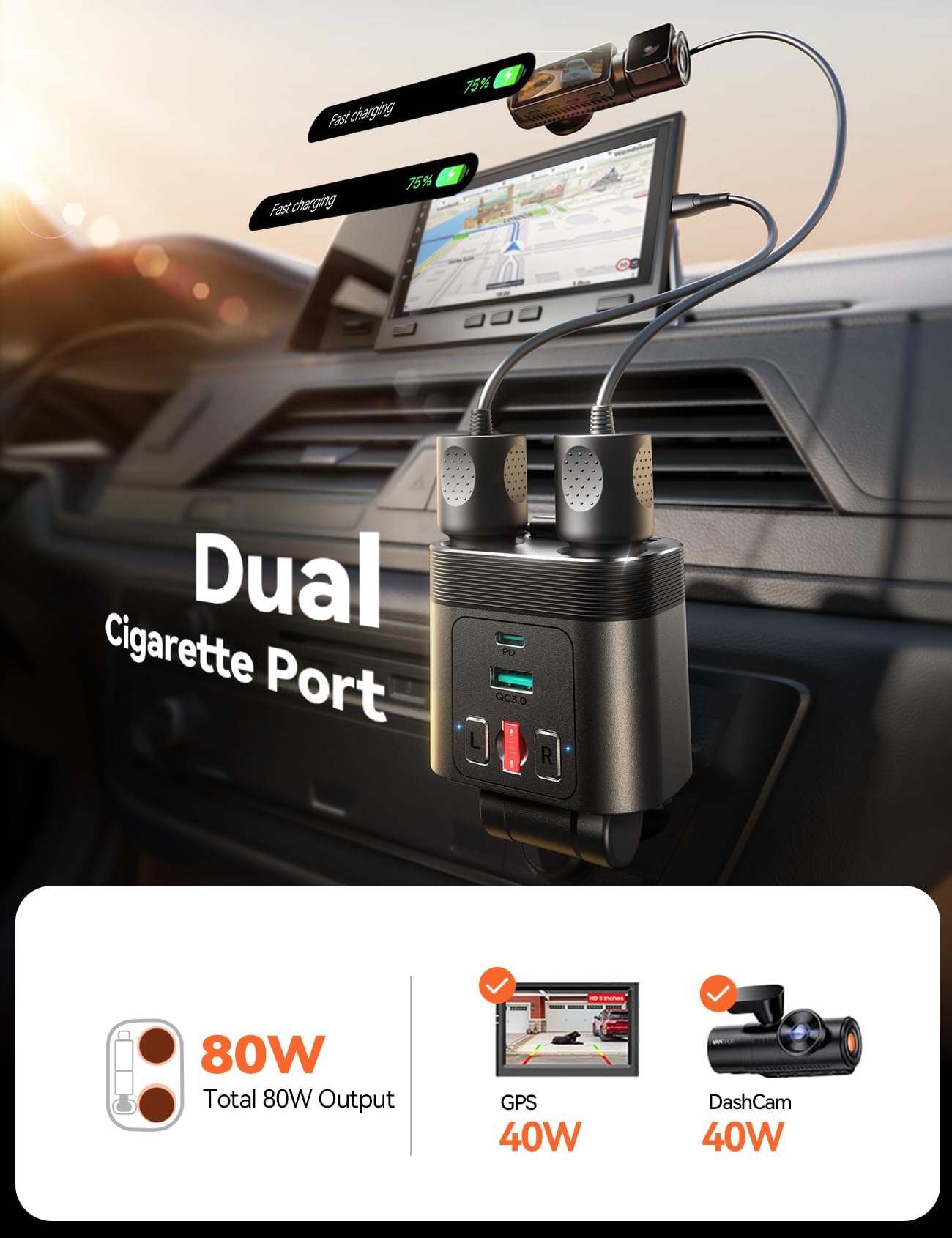 Répartiteur allume-cigare, adaptateur allume-cigare double prise avec câble rétractable, double 30 W PD & QC 3.0, chargeur de voiture 12 V/24 V répartiteur pour iPhone 17 Pro Max/16/15/14/Samsung/Dash