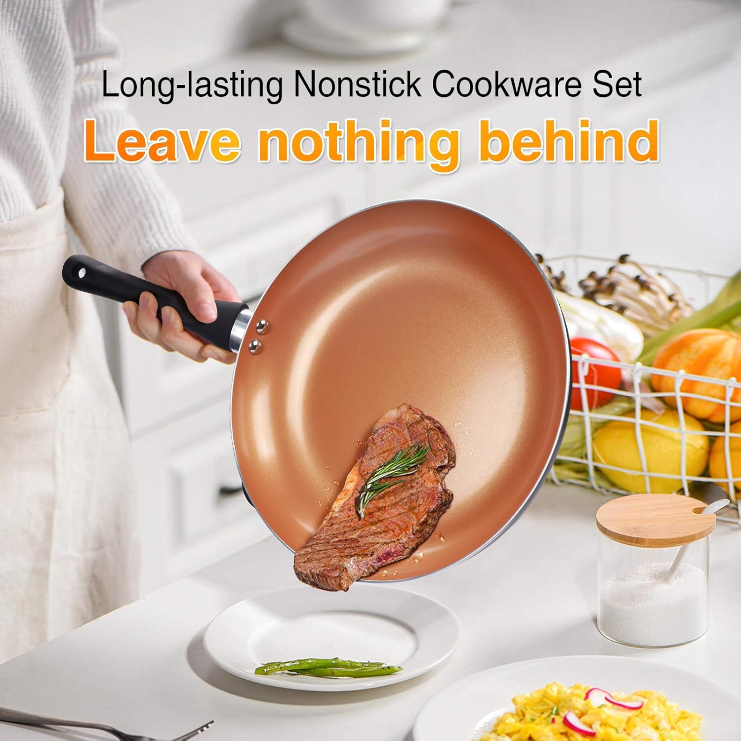 Crazy Clearance FRUITEAM 10pcs Cookware Set Ceramic Nonstick Soup Pot, Milk Pot and Frying Pans Set, Copper Aluminum Pan with Lid, Induction Gas Compatible, 1 Year Warranty Mothers Day Gifts for Wife…