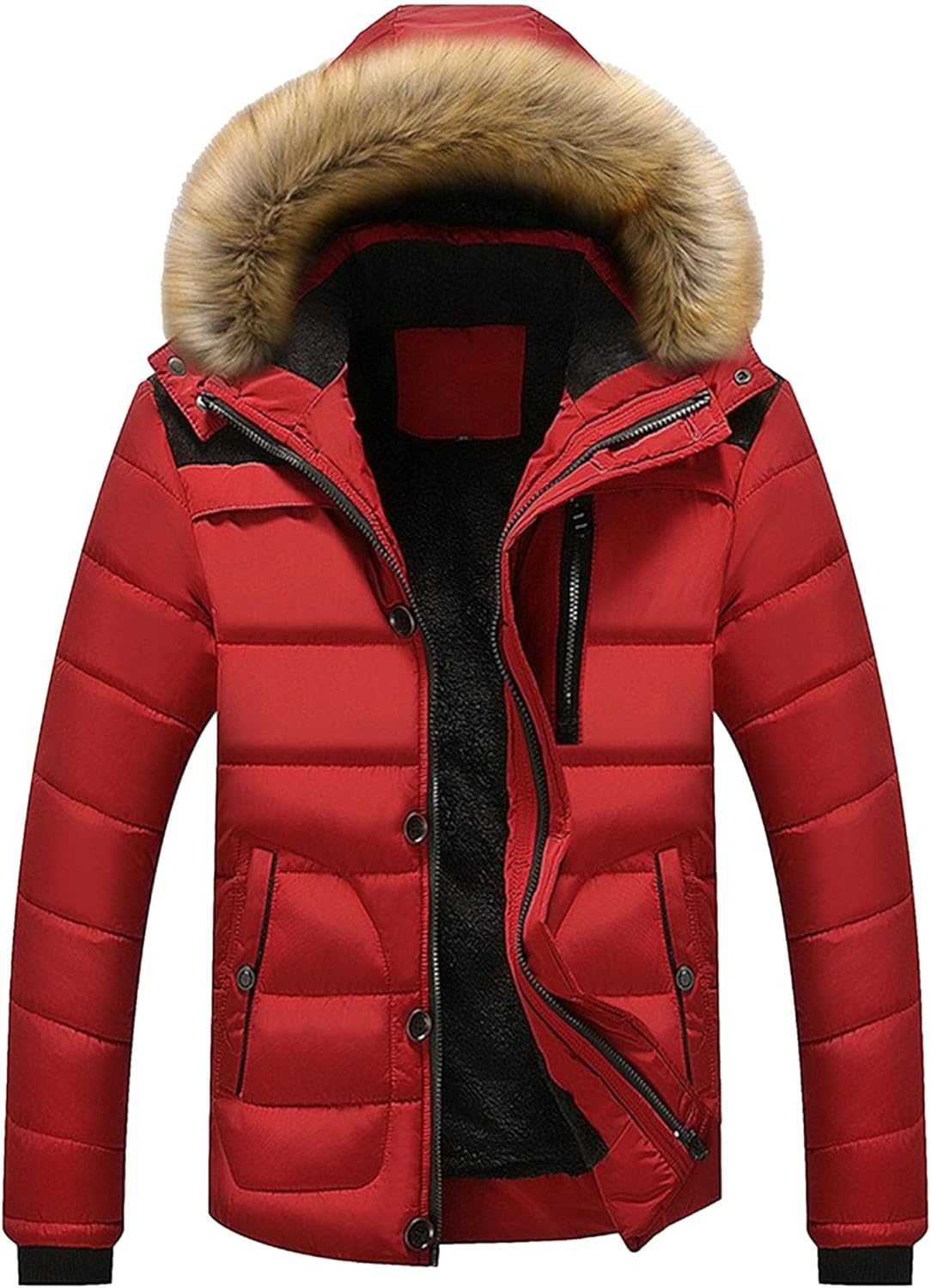 Men's Warm Full Zip Comfort Puffer Jacket Removable Fur Hooded Casual Down Coat Thicken Windproof Bubble Coat