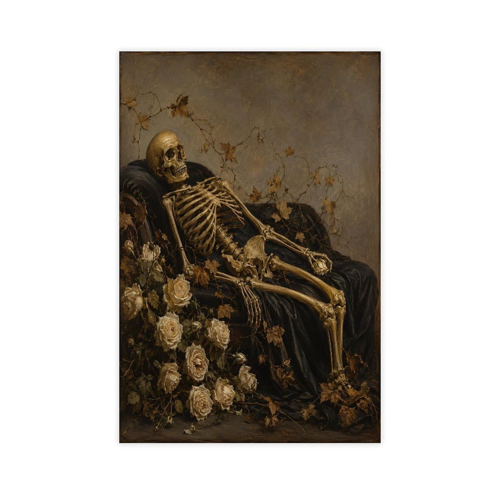H3b8u2y5 Unframe-Style-19 Skeleton With Roses Canvas Wall Art, Gothic Art Hallway