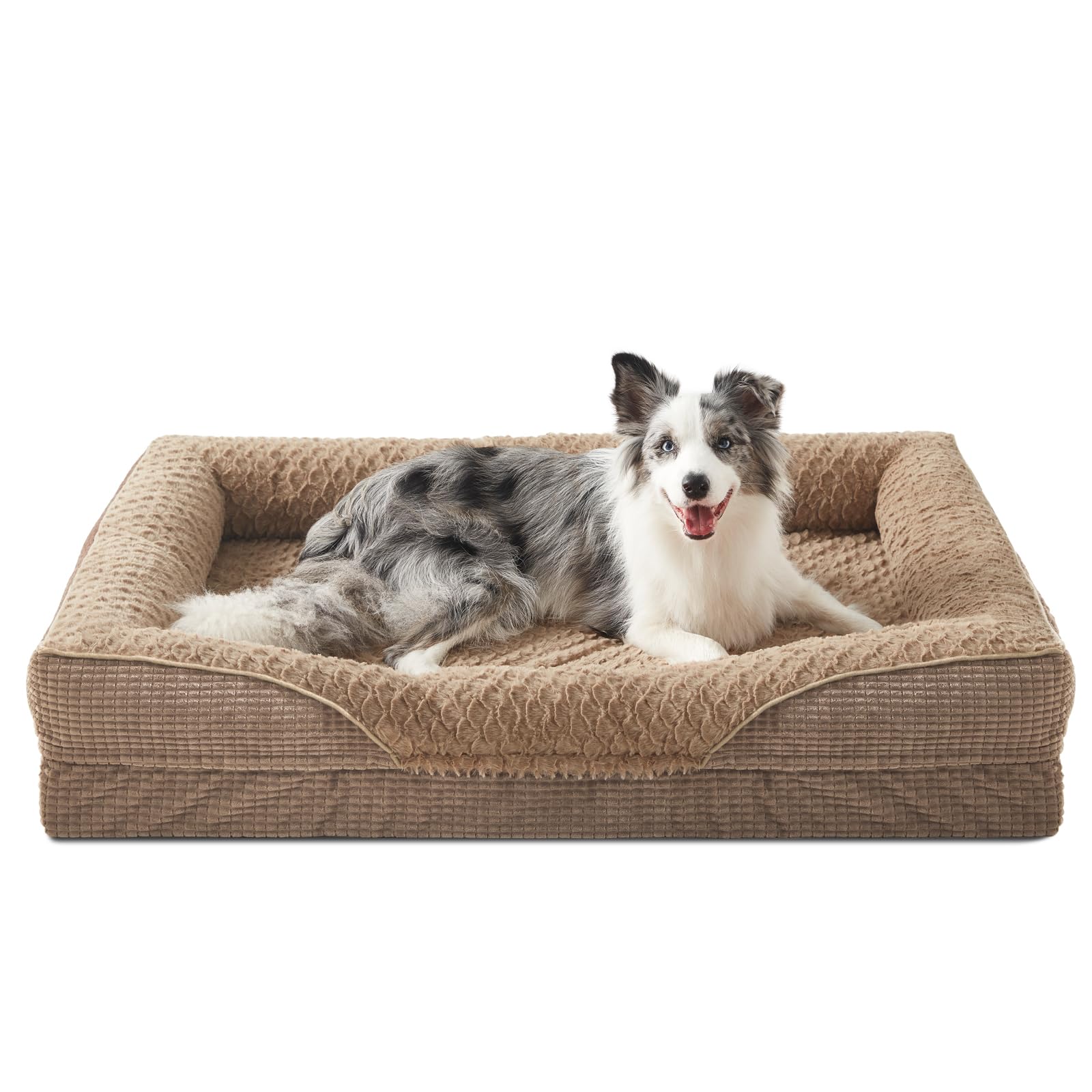 FURTIME Letto ortopedico per cani di taglia media, cesta in Memory Foam per cani grandi, estraibile e lavabile, cesta antiscivolo, divano per cani con bordo alto, marrone, 89 x 64 x
