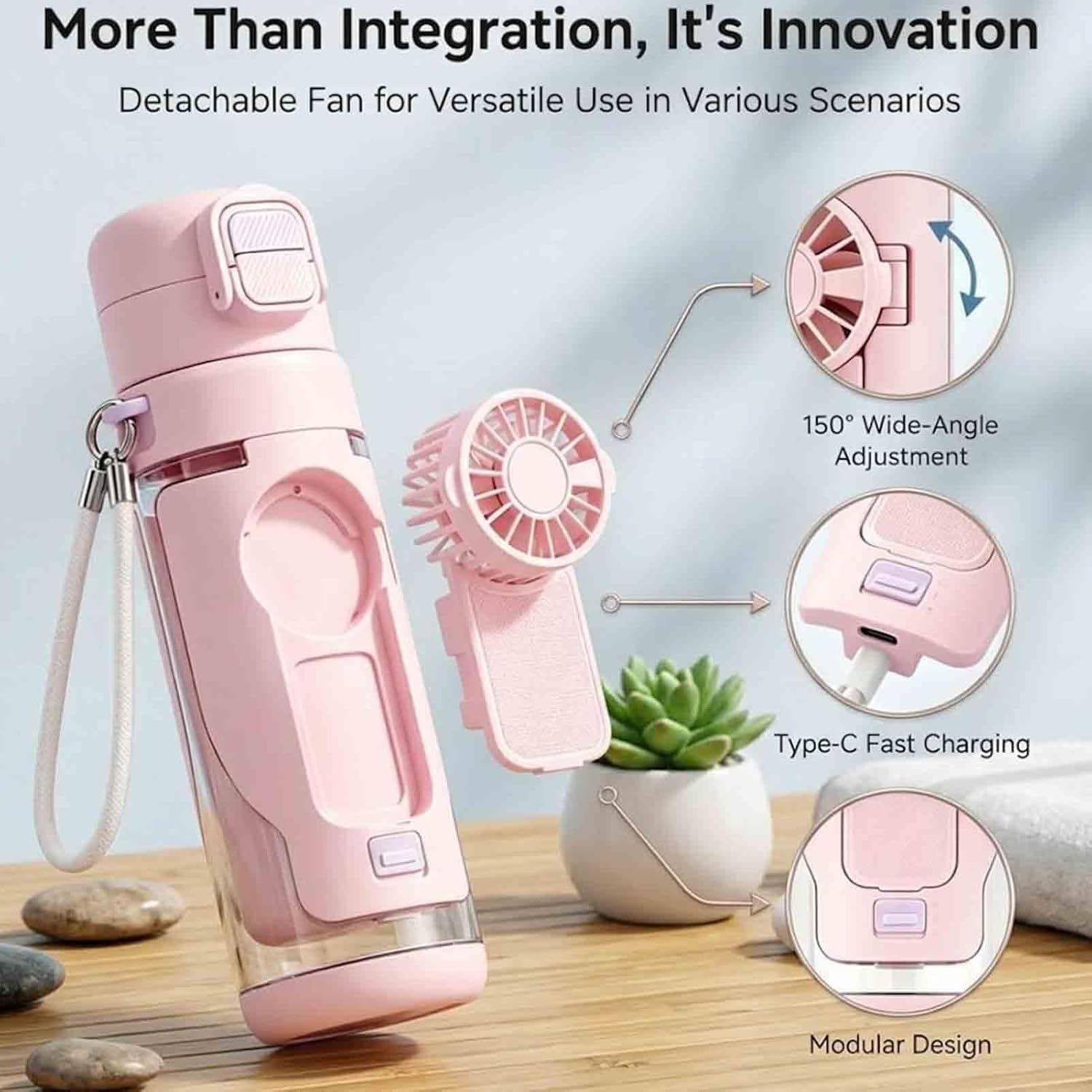 2-in-1-Wasserflasche mit eingebautem, faltbarem Ventilator, 690 ml, tragbare Dual-Trinkflasche, mit 3-Gang-Ventilator, für Reisen, Fitnessstudio, Wandern und Outdoor