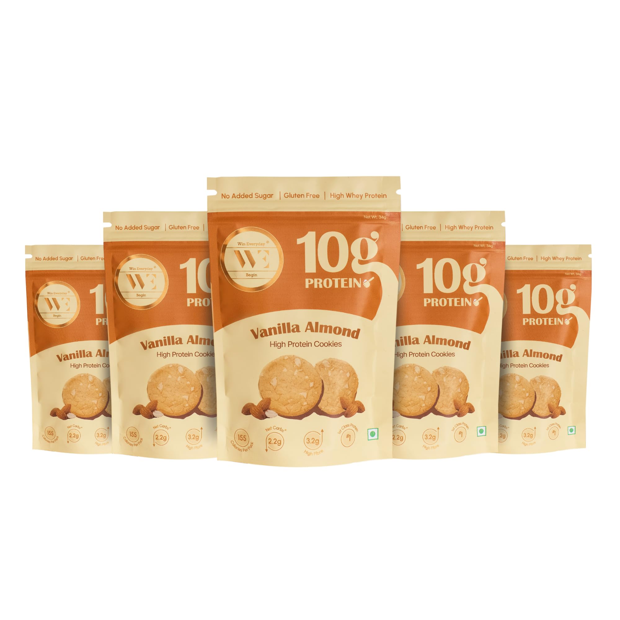 Win Everyday High Whey Protein Cookies (Vanilla Almond 170g) (Pack of 5) | 34g x 5| 10g Protien - 155 cals Each | No Added Sugar | Low Calories, Low Carbs | Gluten Free, High Fiber | Baked Not Fried | Healthy Anytime Snack-image-12
