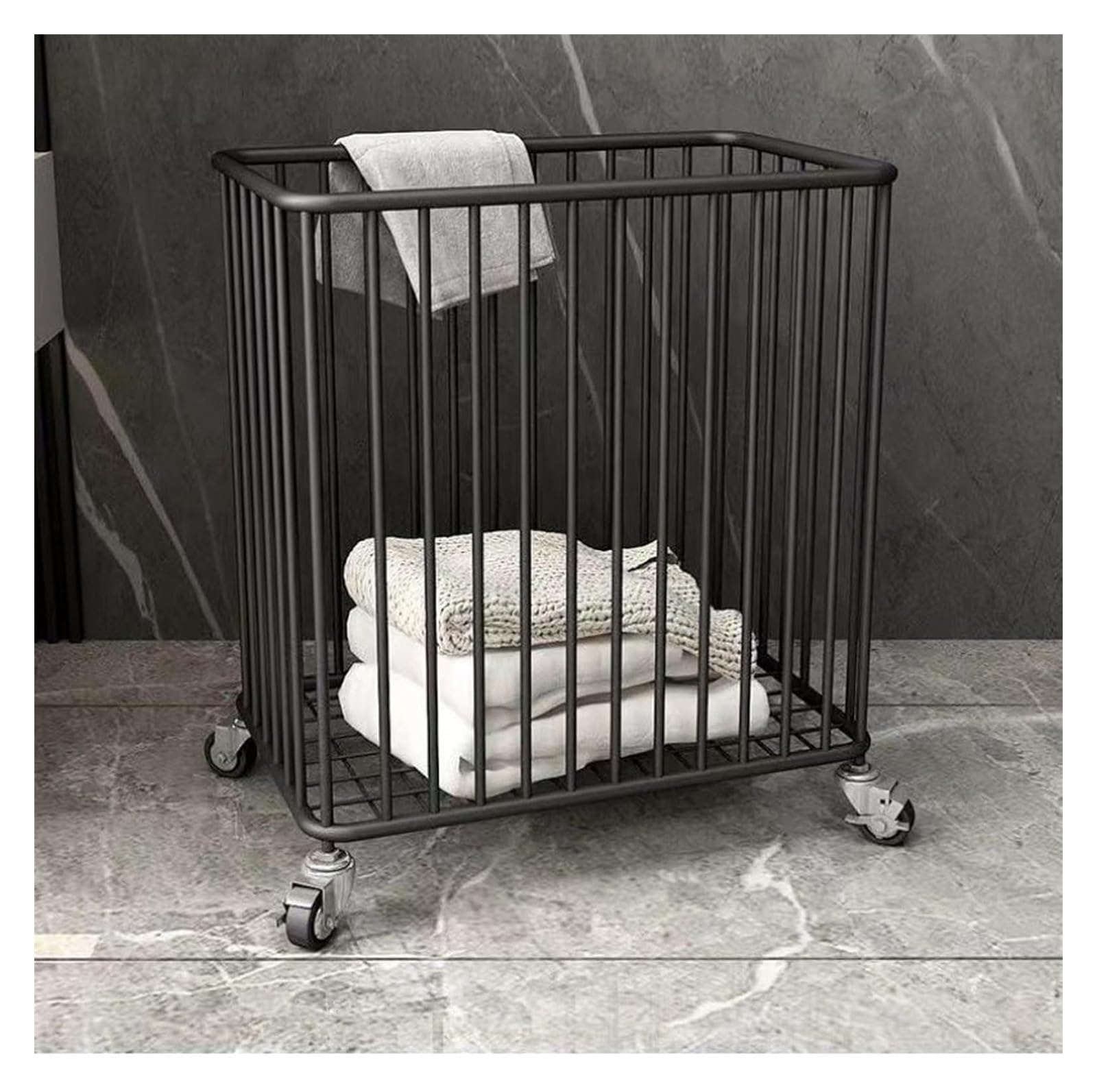 Panier à linge carré à roulettes noir en maille pour chambre et salle de bain