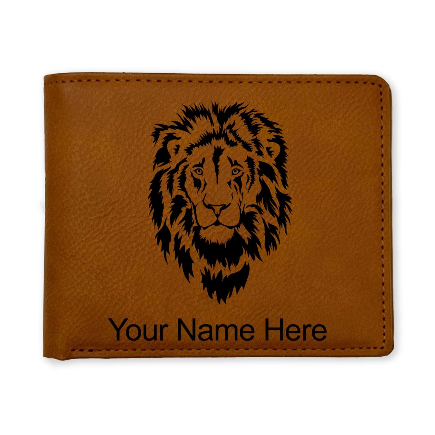 LaserGram Faux Leather Bi-Fold Wallet, Lion Head, Personalized Engraving Included (Dark Brown)