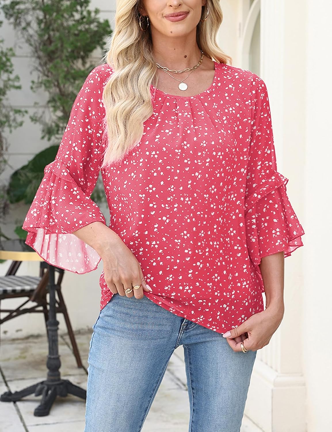 CiCiBird Women Chiffon Floral Blouse 3/4 Ruffle Sleeve Crew Neck Pleated Front Tops Dressy Casual Shirts Pink M - Image 4