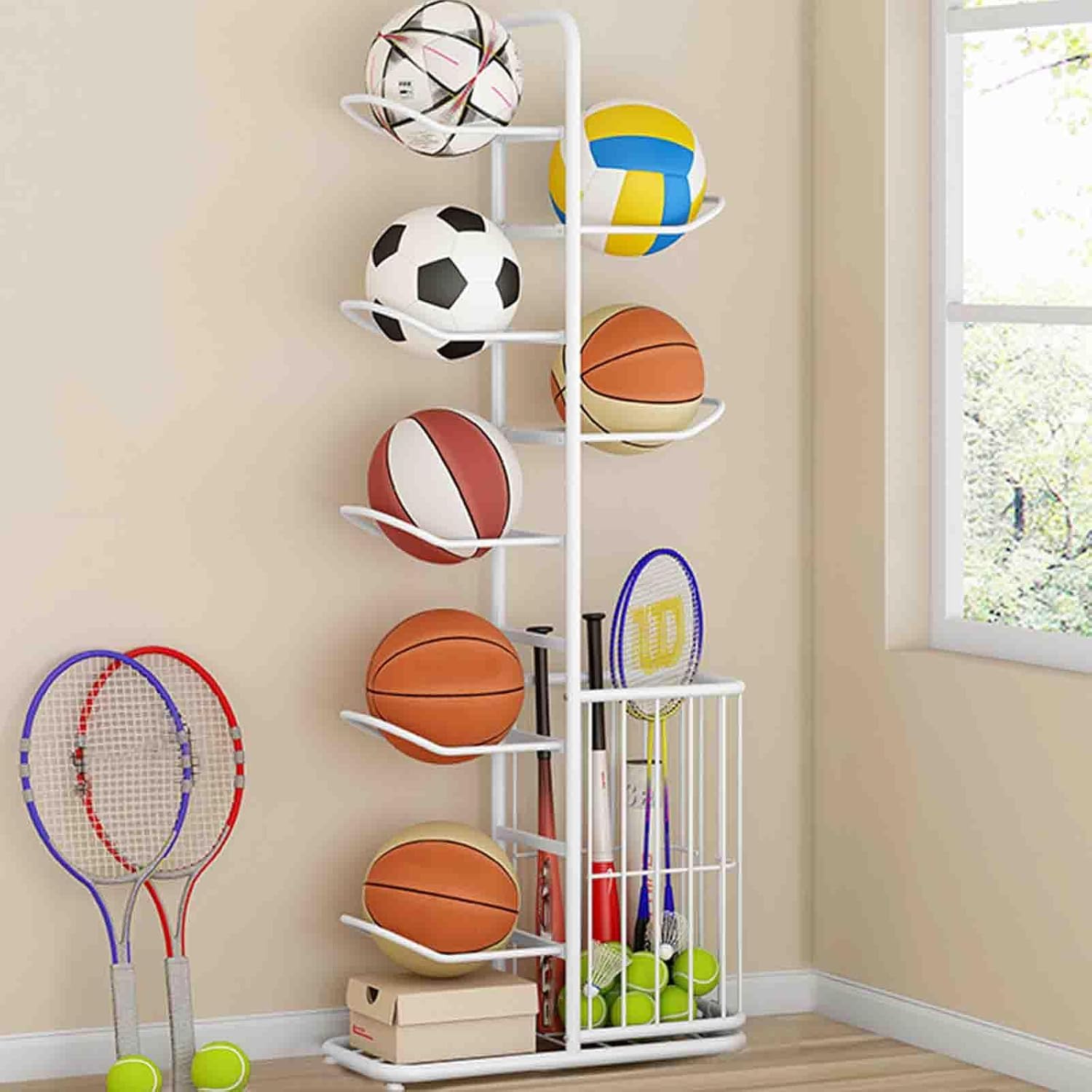 Soporte de exhibición deportivo y estante vertical de almacenamiento de pelotas para voleibol