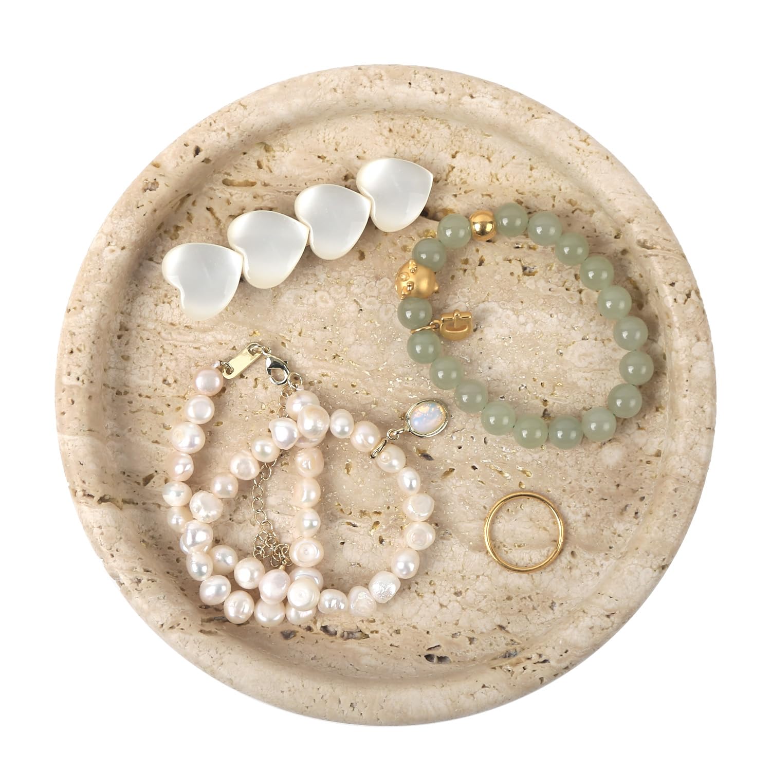 Travertine Tray Jewelry Dish 5.9" Natural Beige Marble Trinket Dish Round Stone Tray for Gift Key Nightstand Decor