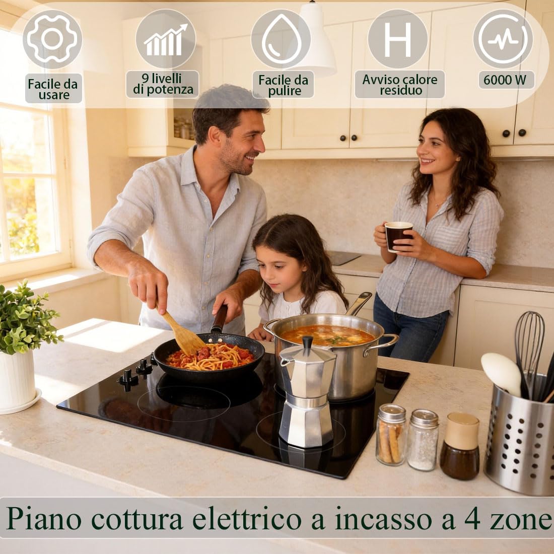 Piano cottura in vetroceramica 4 fuochi senza cavo di alimentazione, Piano cottura elettrico 6000W, Piano cottura in vetroceramica con manopole, Piano cottura da incasso 59cm