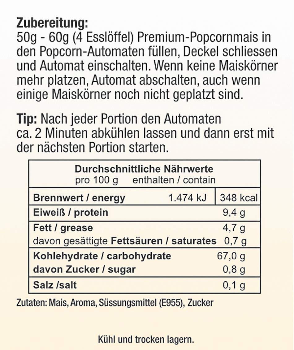 5 kg Popcorn-Mais mit Geschmack ohne Gentechnik - Premium Mais speziell für Airpop Heißluftautomaten - Zubereitung ohne Fett und Zucker (süss-karamell)