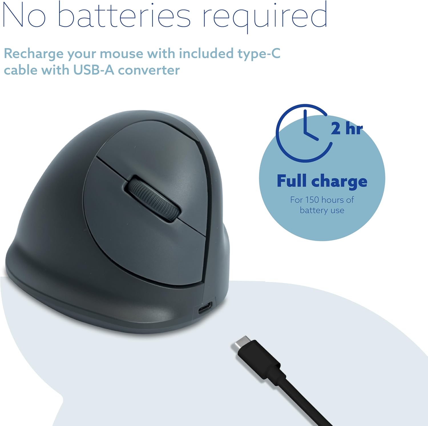 R-Go HE Basic Ergonomic Mouse, Wireless Bluetooth 5.0, Rechargeable, Vertical Design, 1600DPI and 3 Buttons, Prevents Tennis Elbow/RSI Arm, for Windows/Mac - Black