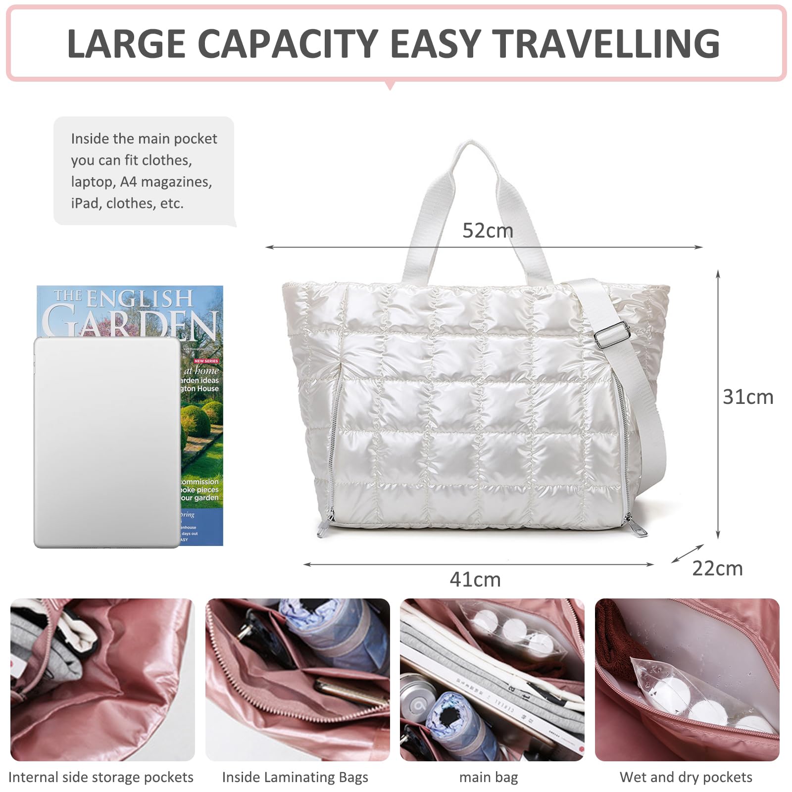 Balakaka Borsa Mano da Donna 35L con Cerniera, 3 in 1 Grande Puffer Tote Bag con Tasca Bagnata e Asciutta, Impermeabile Borsa da Trasporto Trapuntata per Palestra Nuoto Shopping