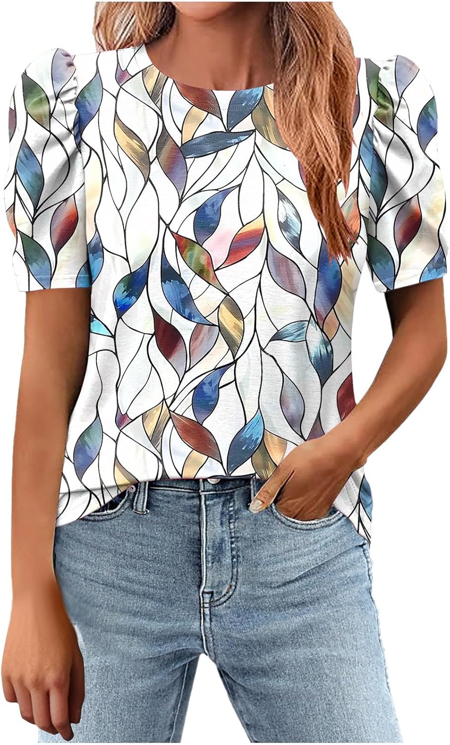 2025 Summer Casual Tops Cute Puff Short Sleeve Floral Shirts Trendy Round Neck Boho Blouses Clothes