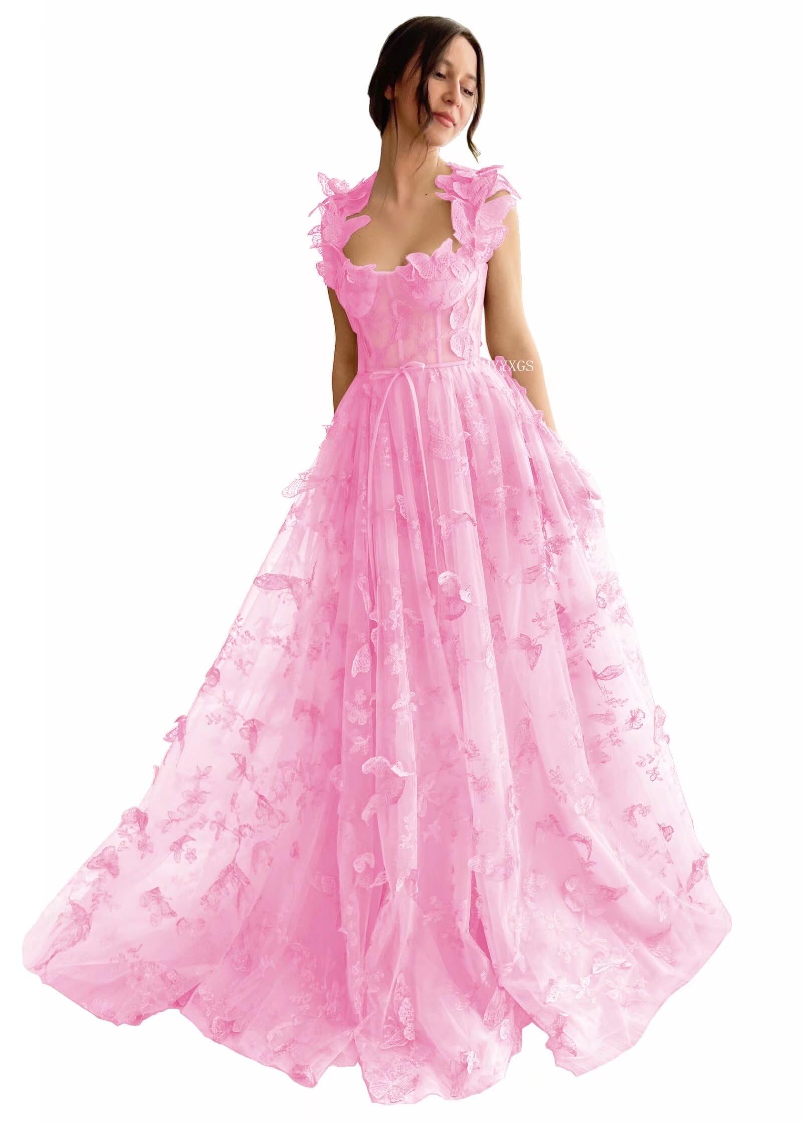 3D Butterfly Tulle Prom Dresses for Women 2025 Long Lace Applique Ball Gown Formal Evening Party Gown with Slit