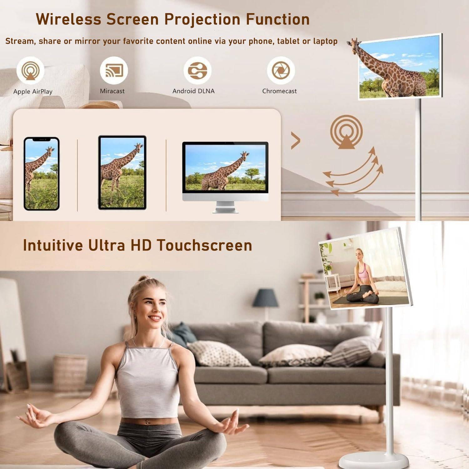 Televisor portátil con pantalla giratoria 4K Ultra HD, Smart TV con ruedas y control remoto, 4+64GB/8+128GB, sistemas operativo Android, batería integrada con 5-8 horas de reproducción 32in-4G64G