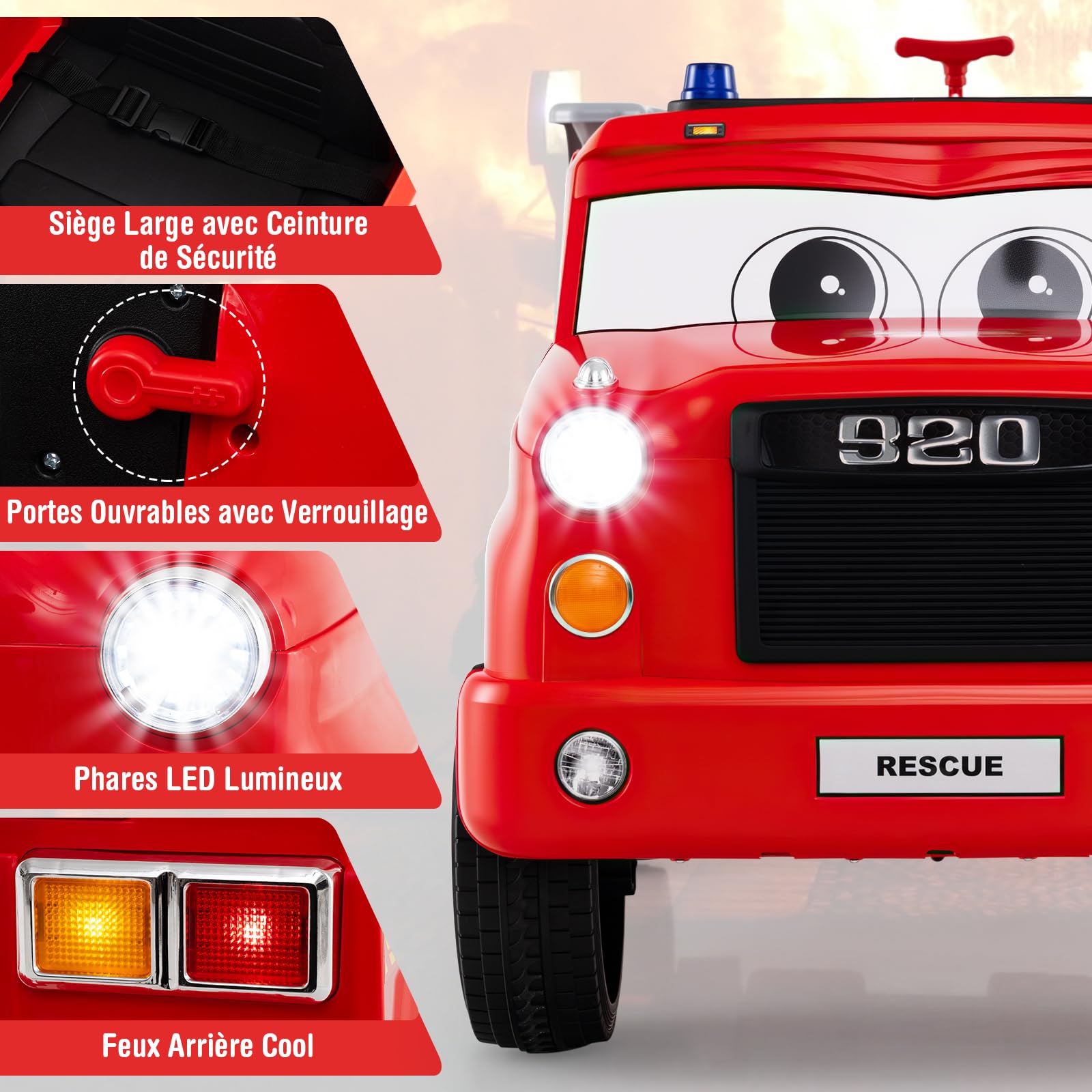 COSTWAY 12V Camion de Pompier Électrique Enfant avec Pistolet à Eau & Télécommande, Voiture Électrique Enfants avec Musique & Alarme & Lumières Clignotantes, Charge 30 kg, 2-5 km/h, 3+ Ans