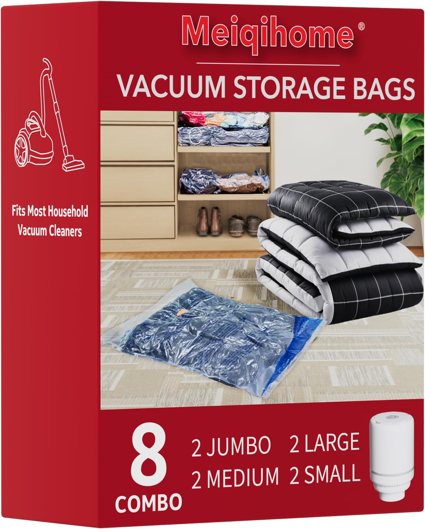 Vacuum Seal Bags for Clothing Travel & Home Storage, travel vacuum bags with pump, Store Blankets, Comforters, Pillows, Seasonal Clothes Compactly,8 Pack With Electric Pump
