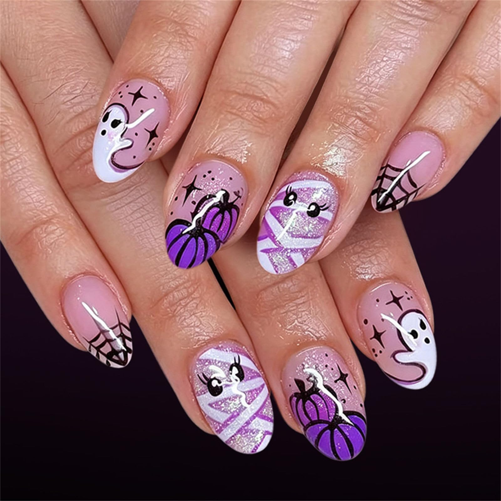 fexxkg Halloween False Tips 24 Pieces, Pumpkin Web Mummy Character Art Set, Manicure Pieces in Mixed Sizes for Holiday