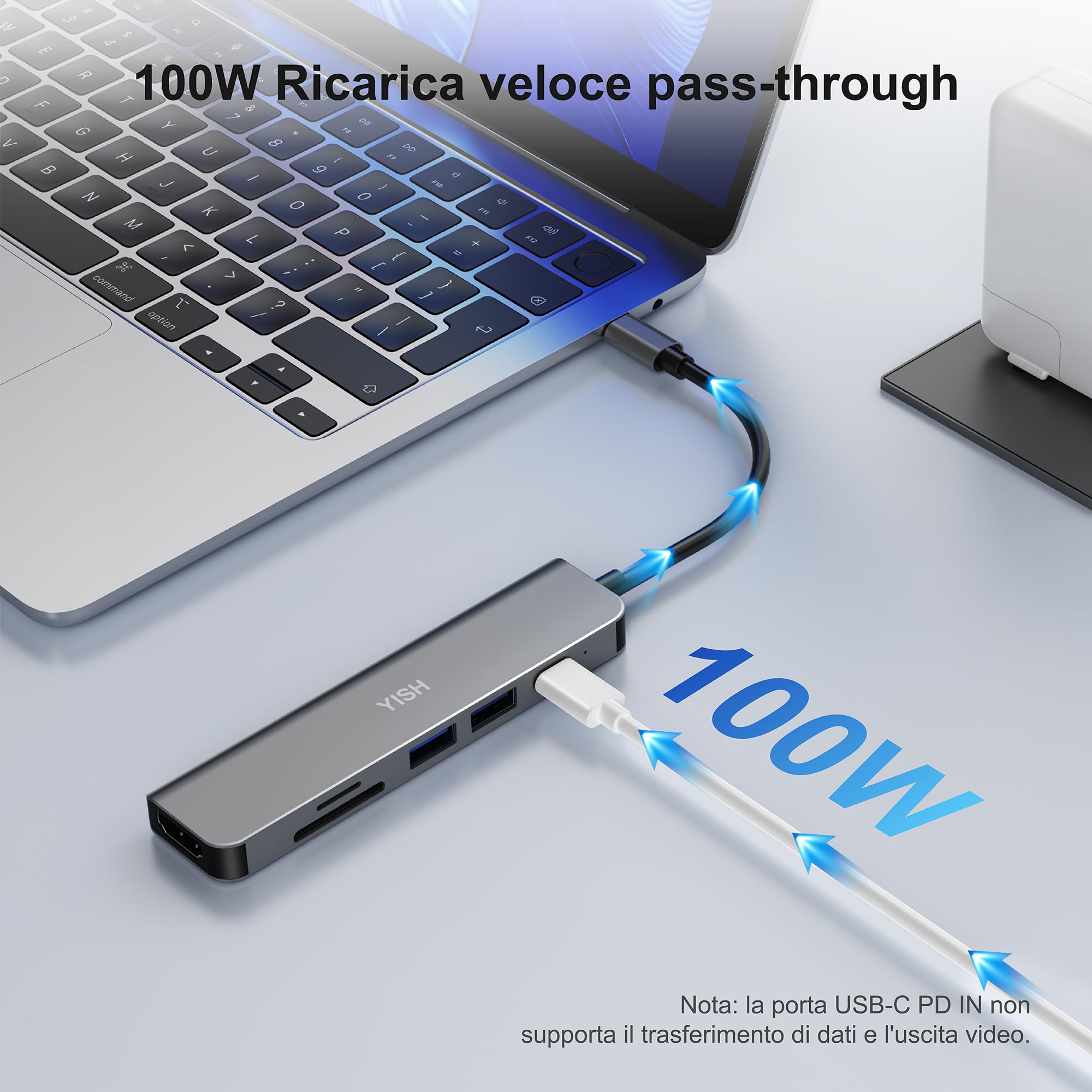 YISH Hub USB C 6-in-1: USB C Hub con PD100W,4K HDMI,2 x USB A,Lettore Schede SD/TF per Desktop, Laptop, Tastiere, Chiavette USB, HDD Mobile Grigio