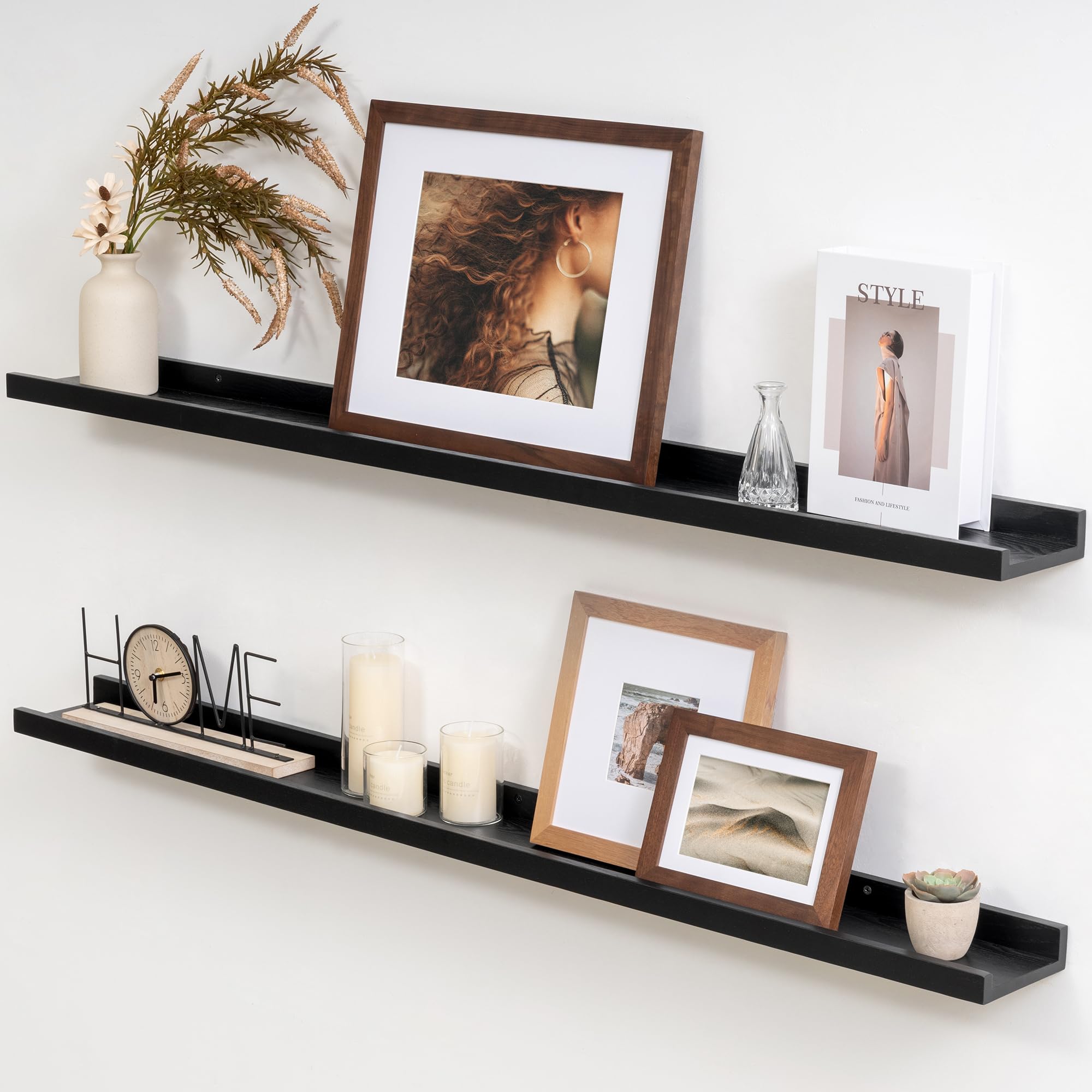 Acovy Picture Ledge Shelf, Floating Shelves Set of 2, 36 Inch Solid Ash Wood Picture Ledge Shelves, Nursery Book Shelves Wall Mounted for Living Room Bedroom Kitchen Decor Kids Bookshelf, Black โ image 1