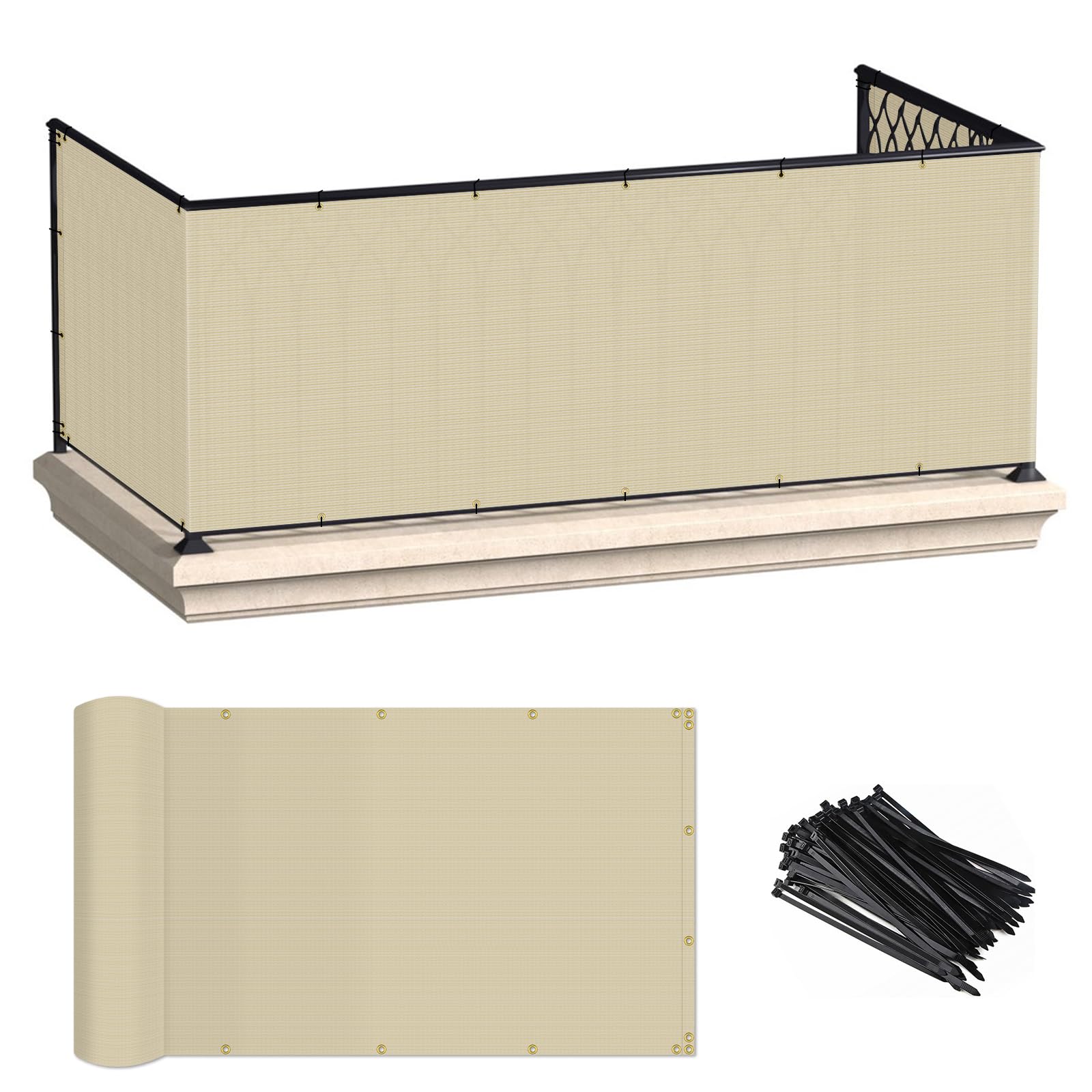 ECOOPTS 3'x70' Balcony Privacy Fence Screen with Zip Ties, Outdoor UV Protection Fence Cover for Balcony Porch Patio Deck Yard (Beige)