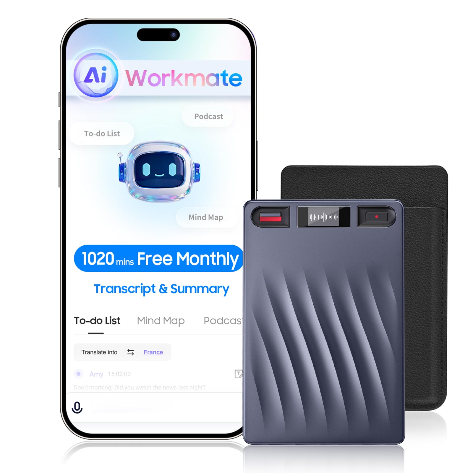 AI Voice Recorder, AI Note Taker w/APP Control and Transkription & Summarize, 150 Sprachen, Noise Cancellation, 64GB Speicher, Pocket Note Pro Taking Device for Meeting, Interviews & Calls
