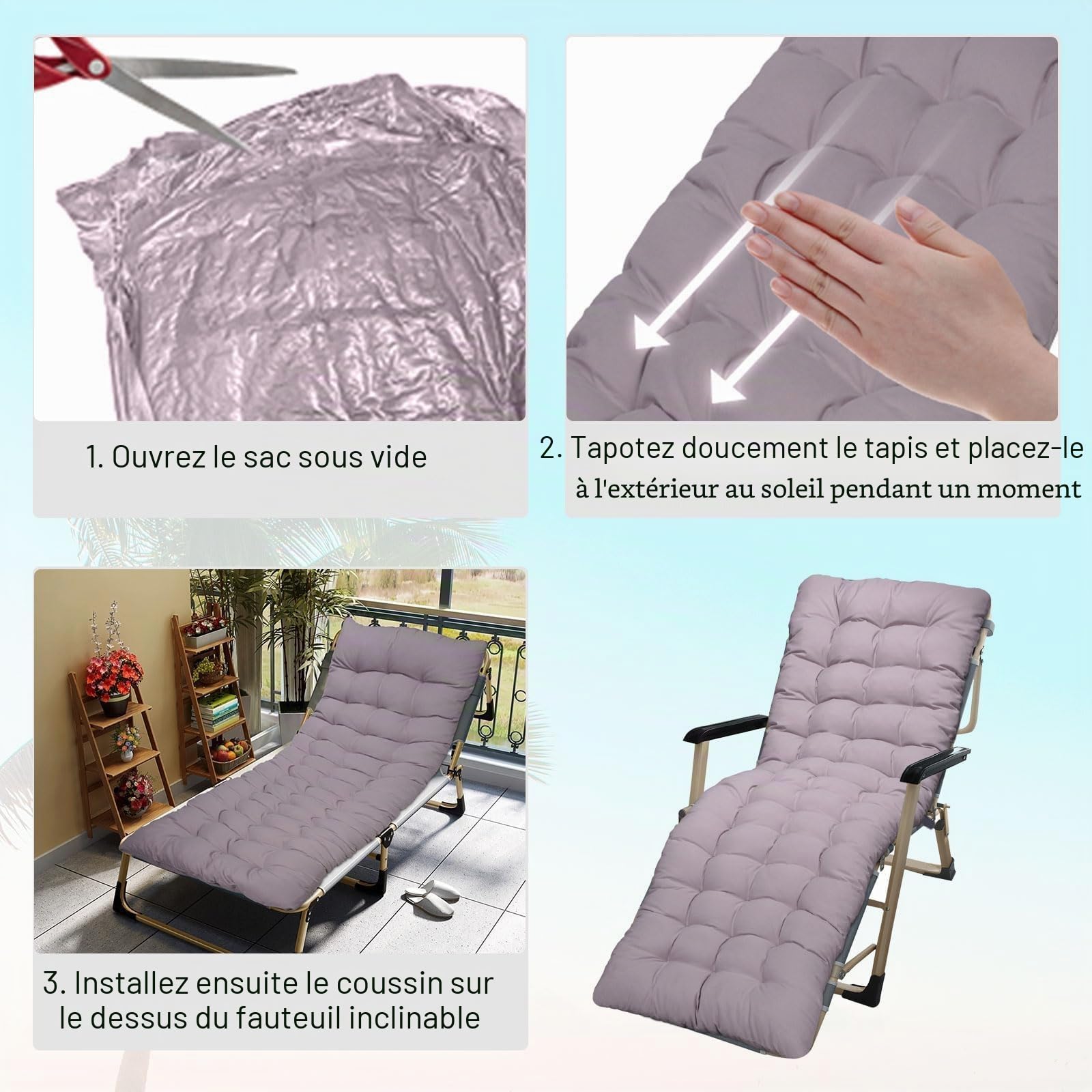 Coussin de Chaise Longue, épaissir Bain de Soleil,Coussin Transat Jardin intérieur extérieur Antidérapante Avec boucle, Matelas Bain de Soleil pour Jardin, terrasse, Balcon, Voyage Vacances (A)