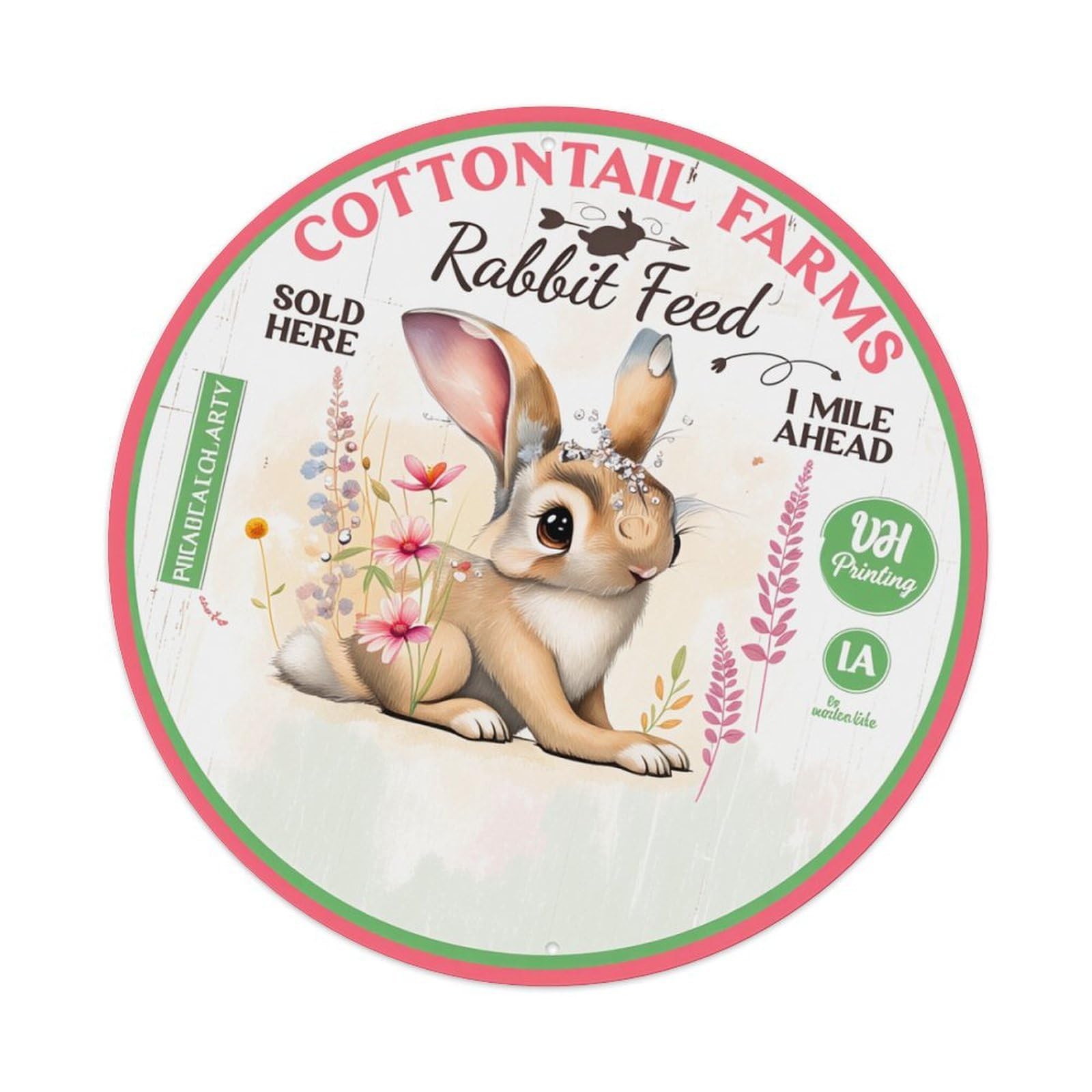 Cottontail Rabbit Floral Art Print Round Tin Sign Retro Metal Sign for Cafe Bar Pub Home Game Room Gym Club Wall Decoration Vintage Metal Poster 8x8 Inch