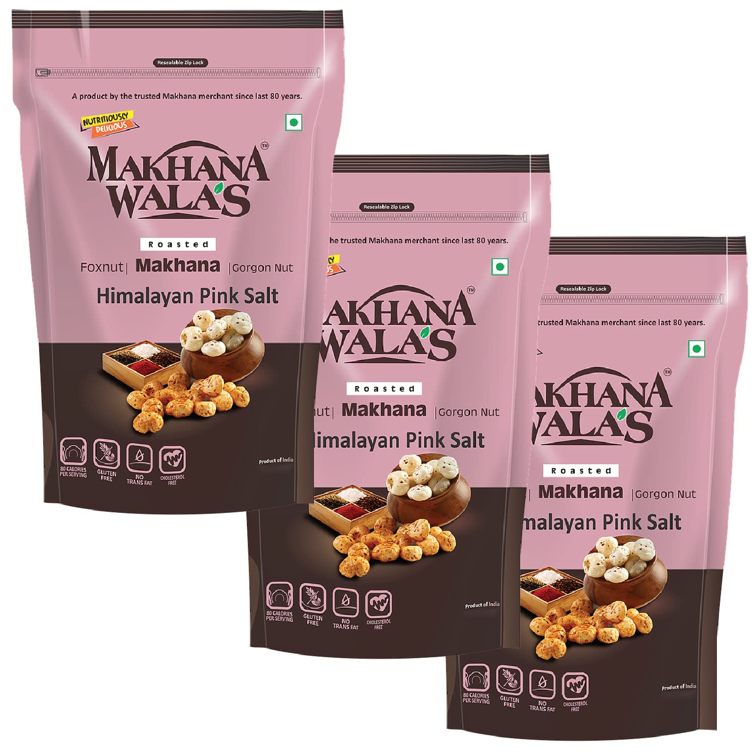 MAKHANA WALA'S Roasted & Flavoured Makhana (Foxnuts) | Gorgon Nut | Gluten Free Vegan Snacks | Healthy Diet Immunity Booster Snacks | Himalayan Pink Salt Flavored Makhana, Pack Of 3, 70G Each.