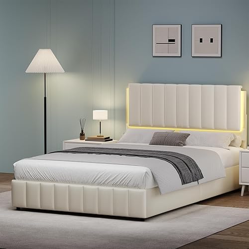 Miniatura 6 de Base de cama tamaño matrimonial con luces LED, plataforma tapizada de piel sintética con cabecera y soporte de listones de madera, no necesita