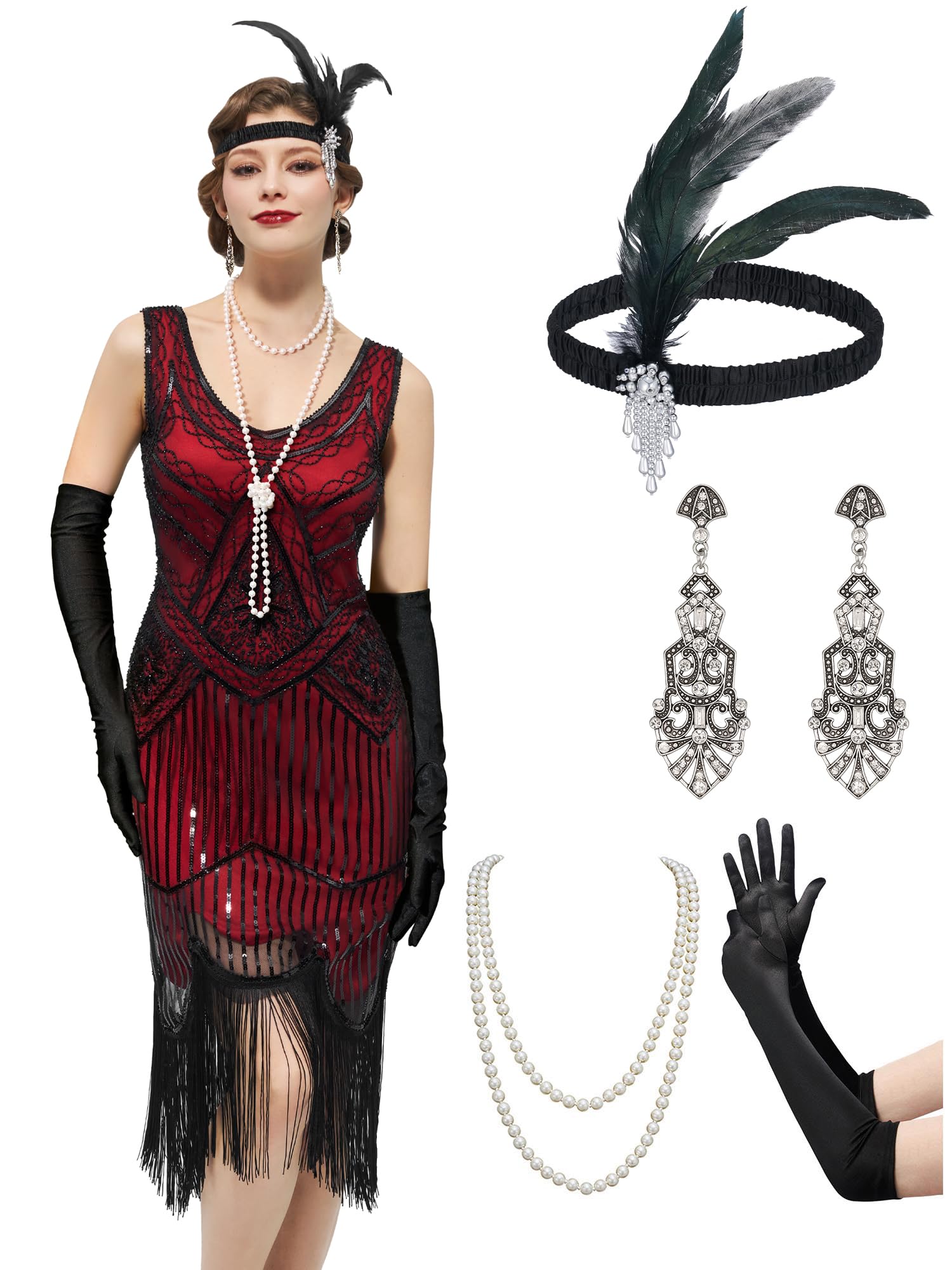 YESSA Flapper Dresses 1920s Gatsby Dress for Women Roaring 20s Costumes Fringed Sequin Cocktail Dress with 20s Accessories