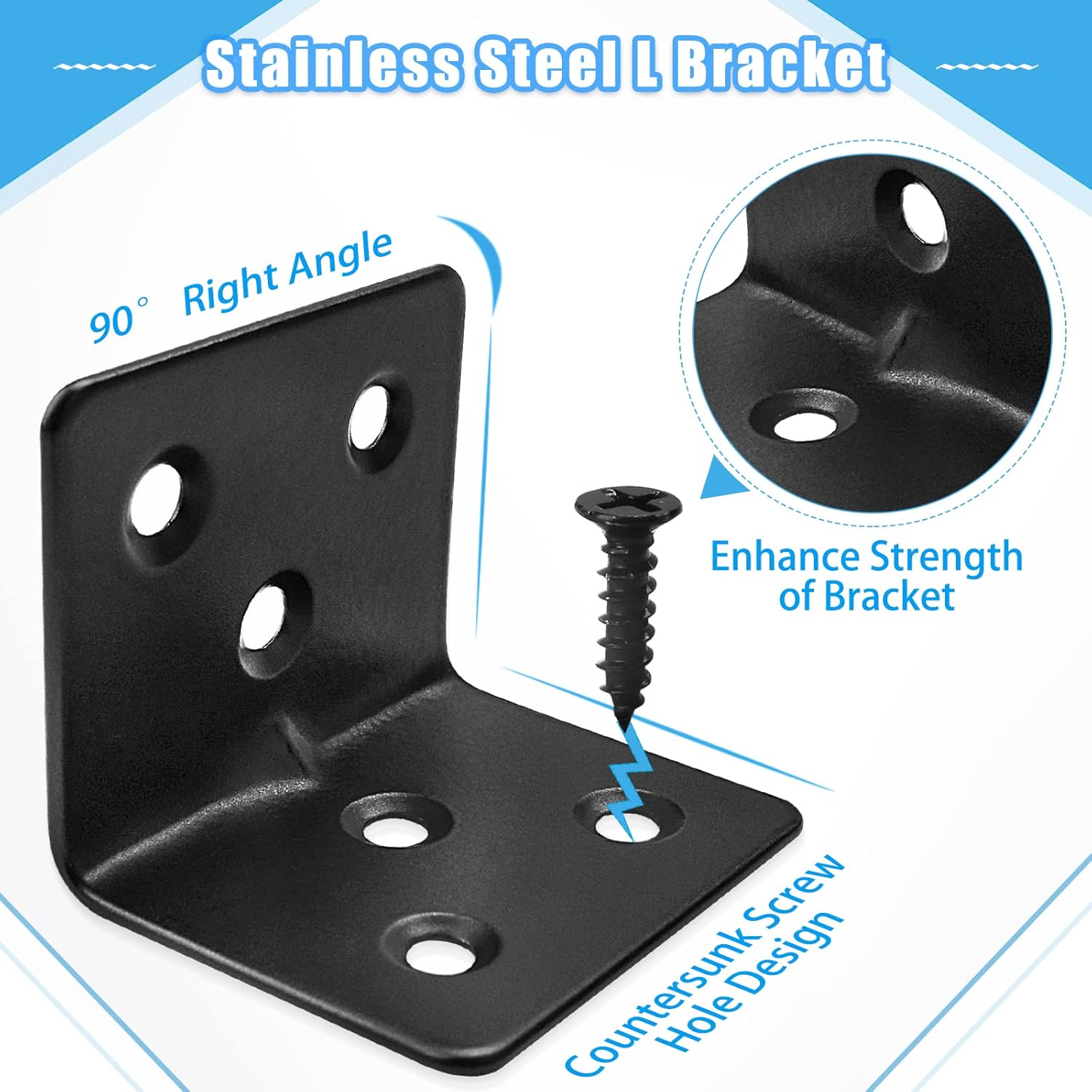 32PCS Black L Corner Brackets + 192PCS Screws, Stainless Steel Corner Braces for Shelves, Heavy Duty Angle Brackets