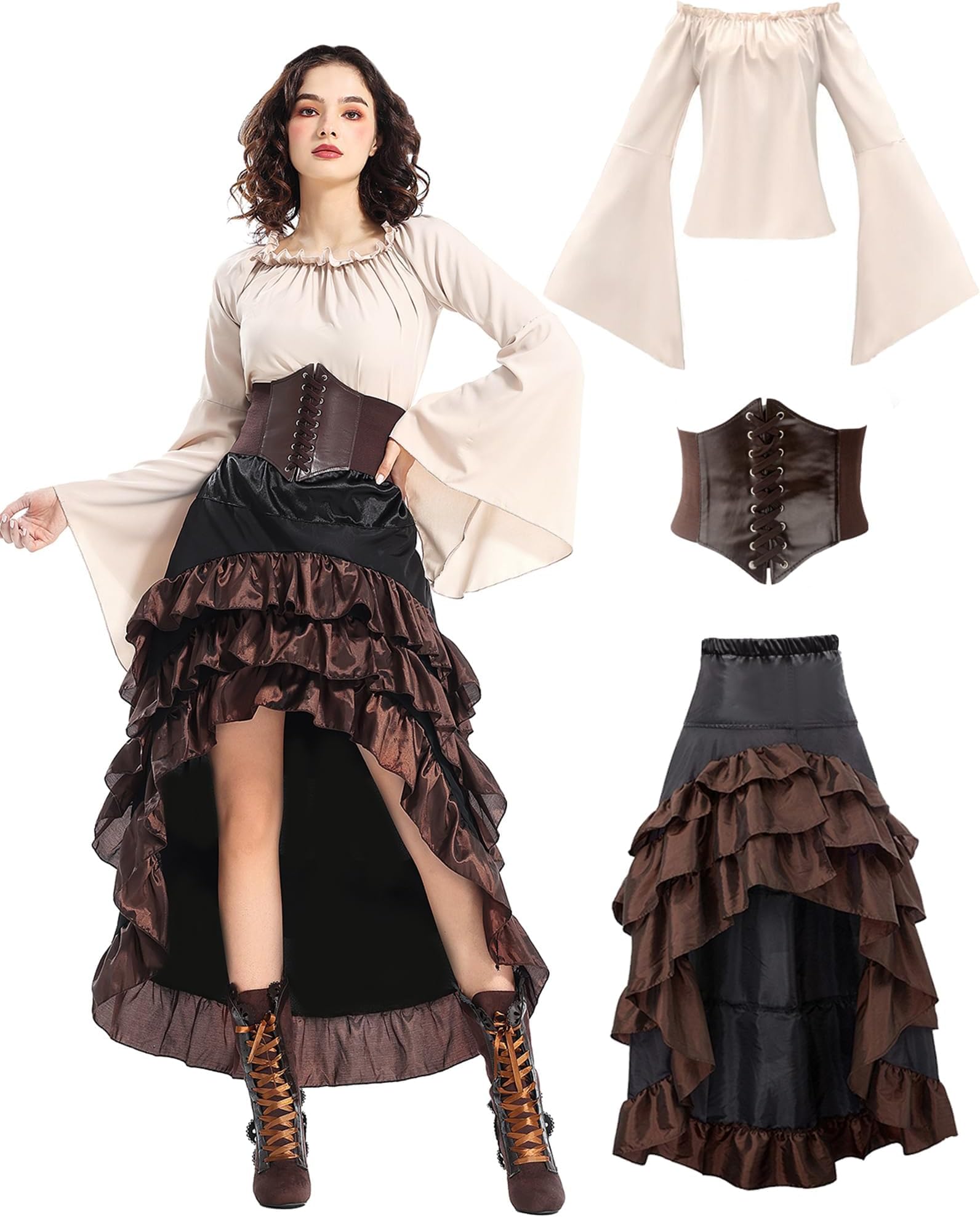 Pirate Costume Adult Women Medieval Pirate Fancy Dress Retro Elastic Waistband Corset, Steampunk Renaissance Outfit Halloween Costumes