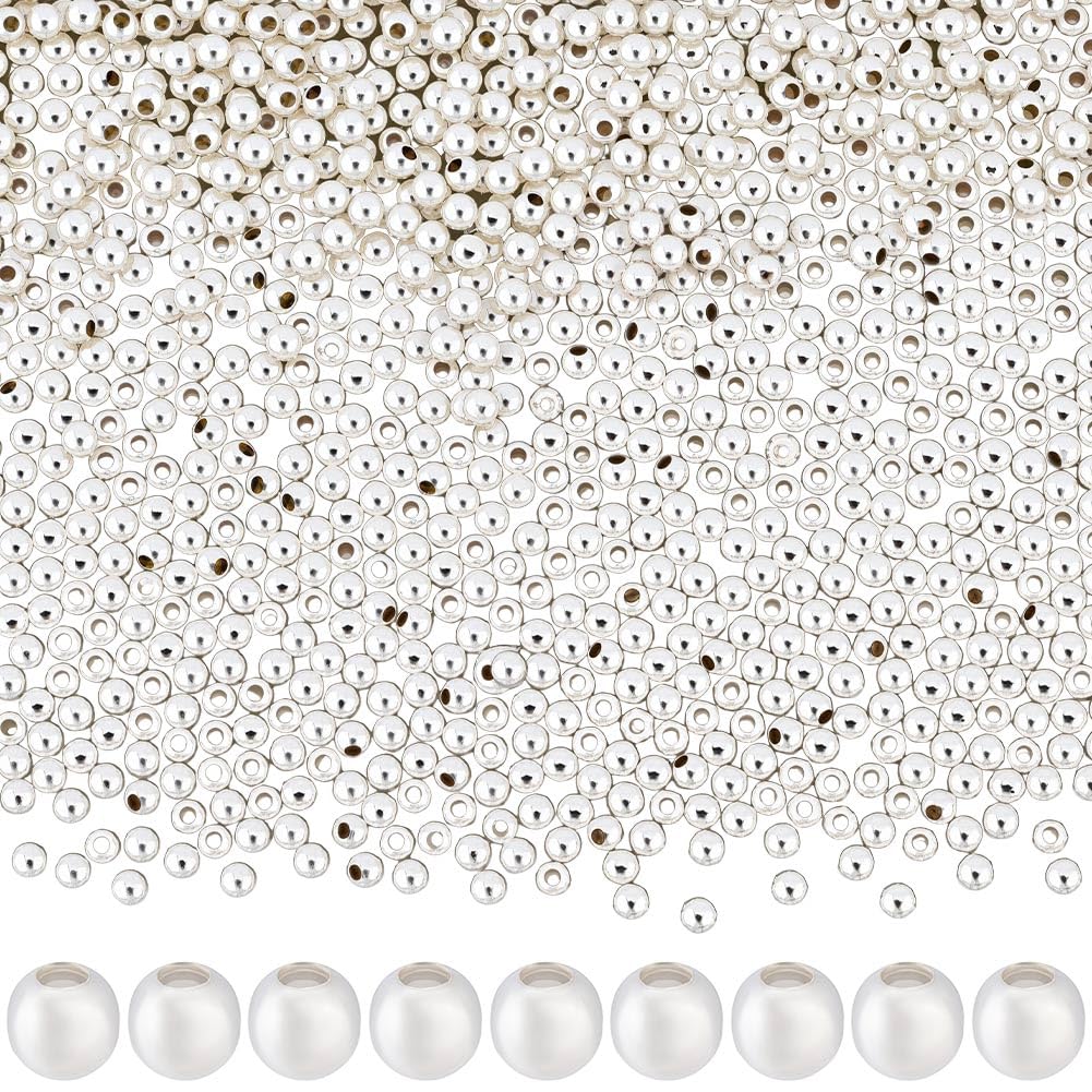 Beebeecraft 1000Pcs 925 Sterling Silver Plated Spacer Beads 2mm Small Round Metal Spacer Beads Seamless Ball Loose Beads for Jewellery Making Hawaii Layered Bracelet Necklace DIY Crafts (Hole: 0.8mm)