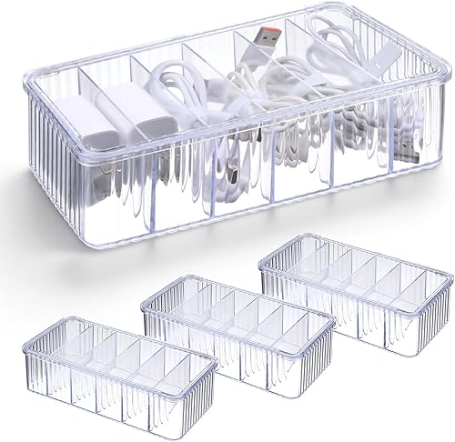 Miniatura 1 de Paquete de 4 cajas organizadoras de cables transparentes con tapa, caja de almacenamiento de cables transparente, cajas organizadoras de alambre,