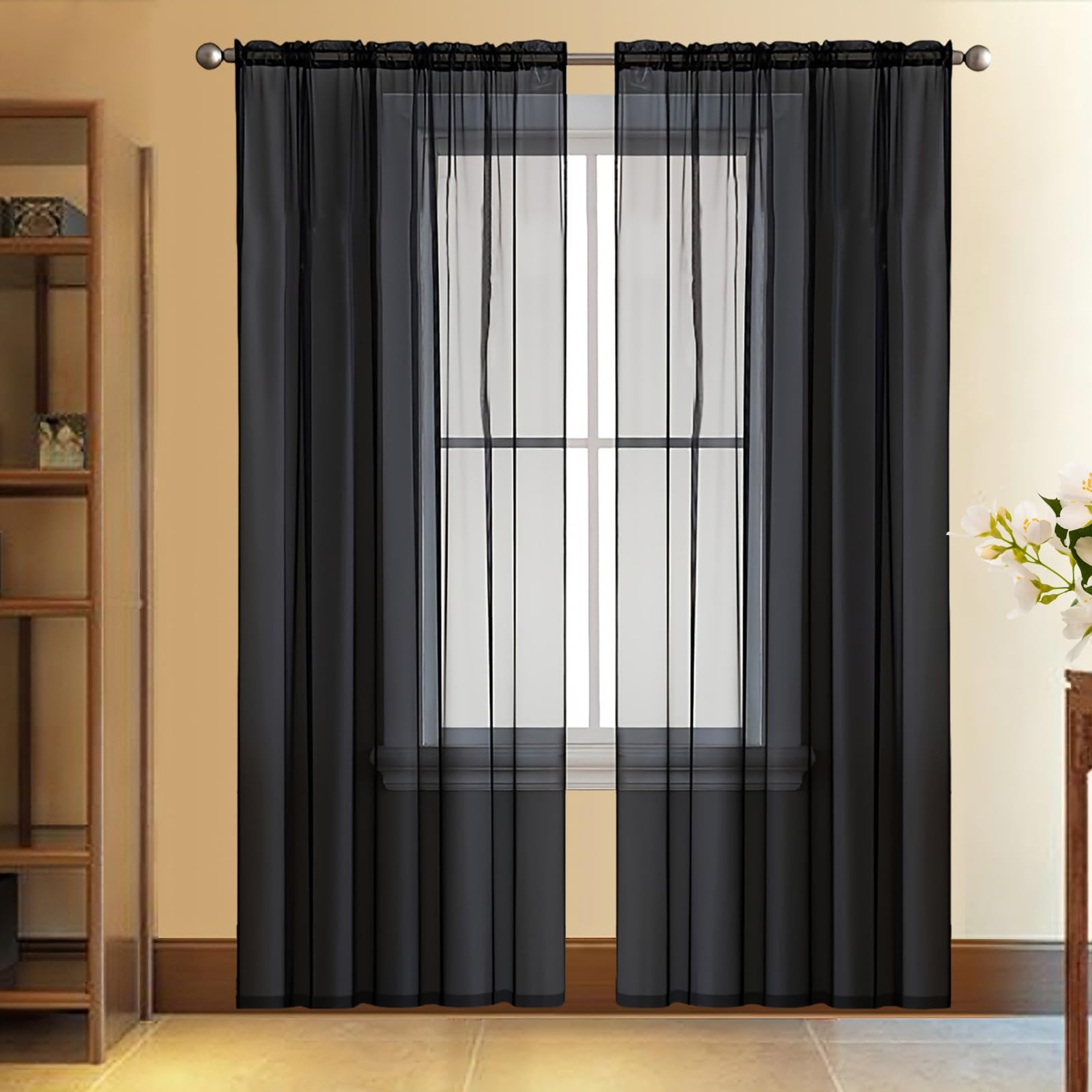 Voilage 125 x 240 cm noir filtrant la lumière effet lin transparent