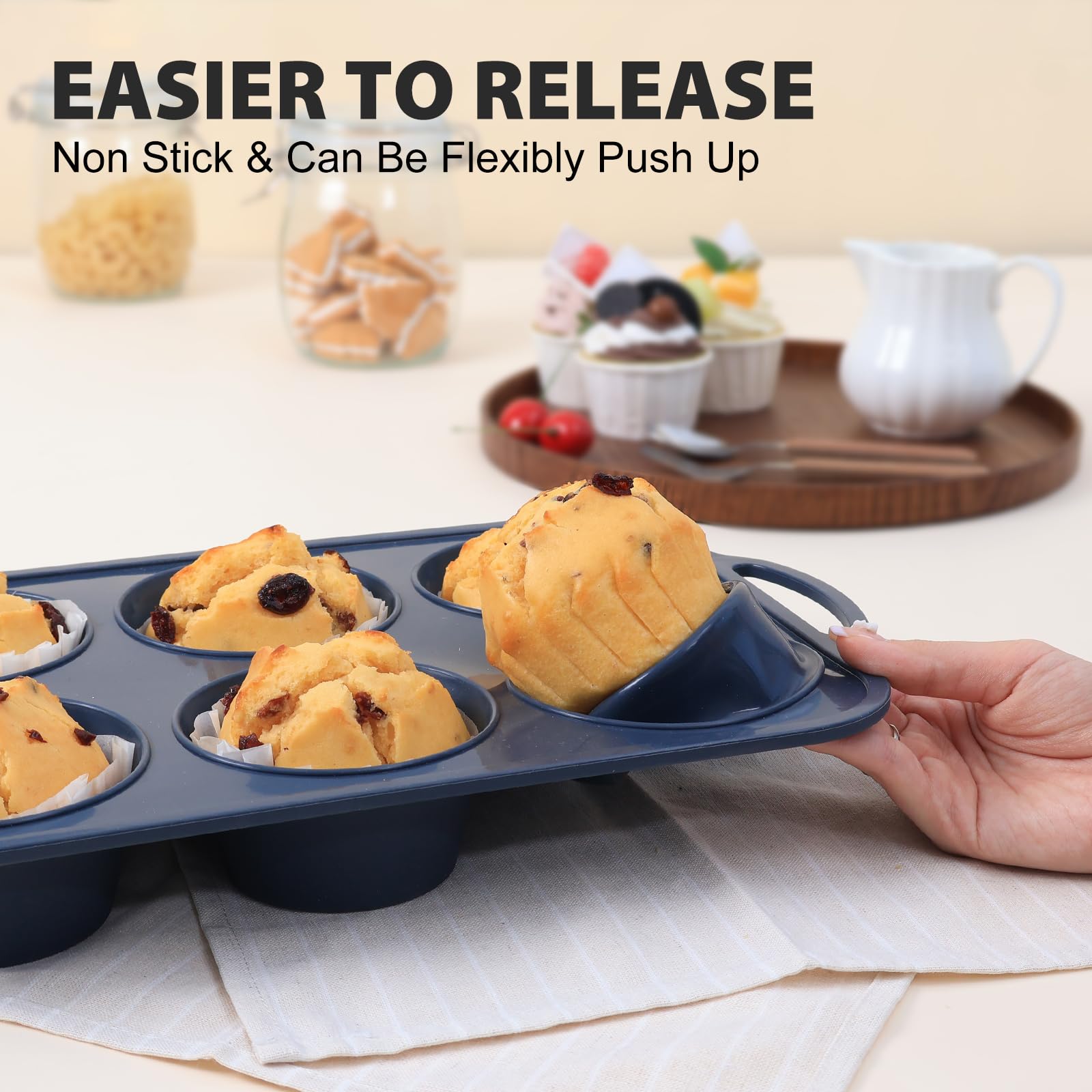 SUPER KITCHEN Głęboka Foremka do Muffinów z Metalową Ramą, 6-Komorowa Silikonowa Foremka na Babeczki z Rączką, Nieprzywierająca Forma do Muffinów i Yorkshire Pudding (Szary)