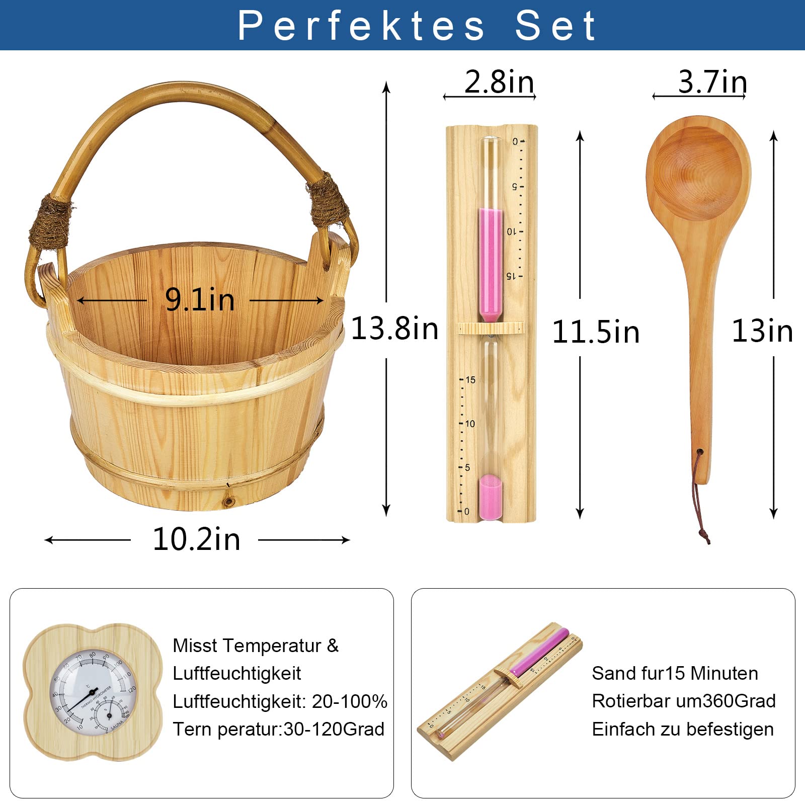 Seau en Bois pour Sauna Set avec Insert en PVC, Accessoires de Sauna de Haute Qualité - avec Louche, Sablier, Thermo-hygromètre - 4 Litres