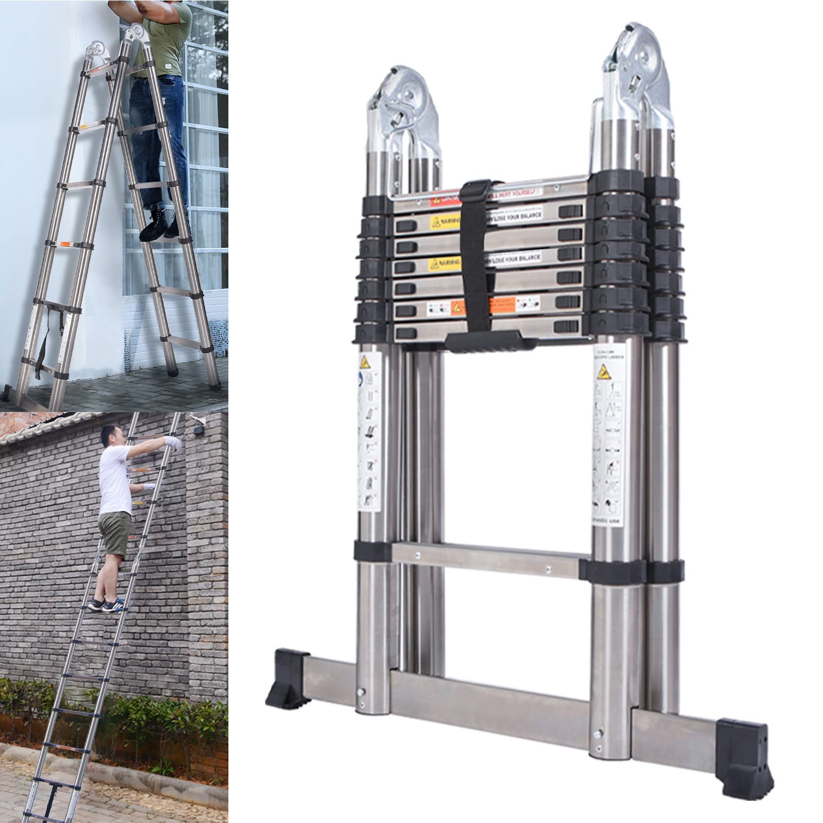 16.5FT Newest Stainless Steel Telescoping Ladder 8.2+8.2FT A-Frame Folding Ladder with Stabilizer Bar 2-IN-1 Heavy Duty Extension Ladder Adjustable Height Non-slip Easy to Carry for Home RV Outdoor