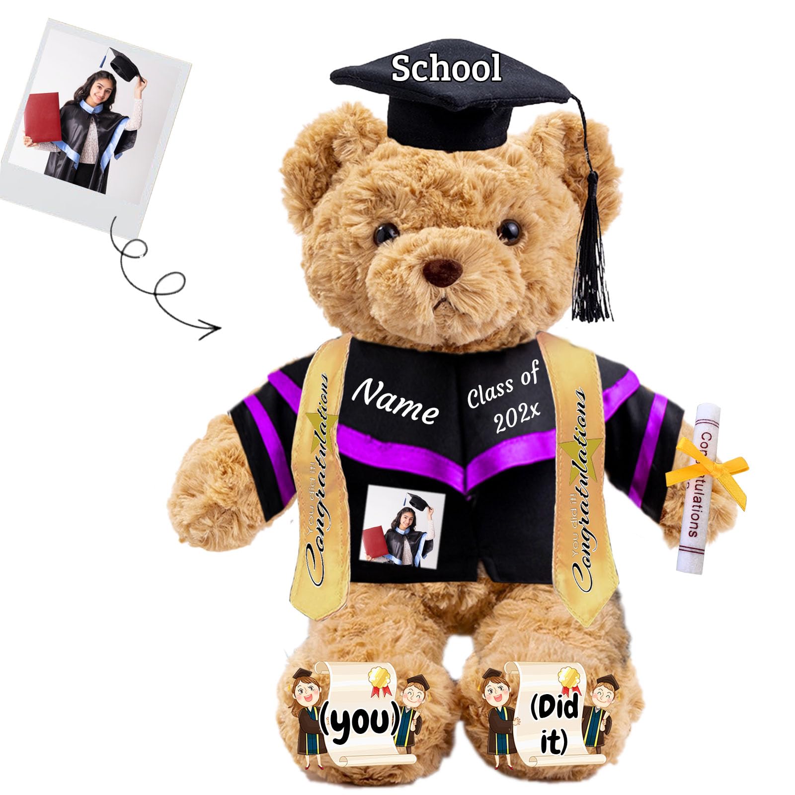 JABECODIFA Graduation Gifts 2025 Teddy Bear with Text+Photo, Personalised Bear Plush Toys as Graduation Gifts for Her Him as High School College Kindergarten Graduation Day (11 IN-Text+Photo)