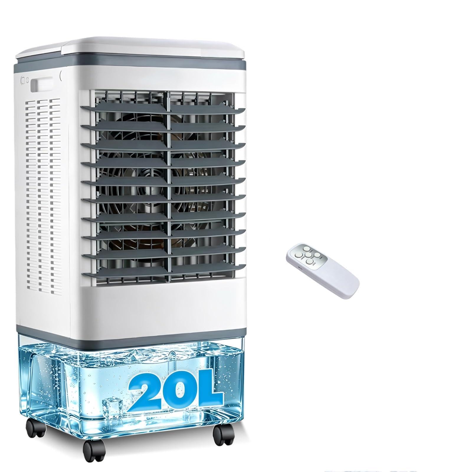 20L Portable Air Conditioners,80W Evaporative Air Cooler with Remote 3-side Air Intake 60°/120° Oscillation Bladeless for Home Office,Bedroom Kitchen