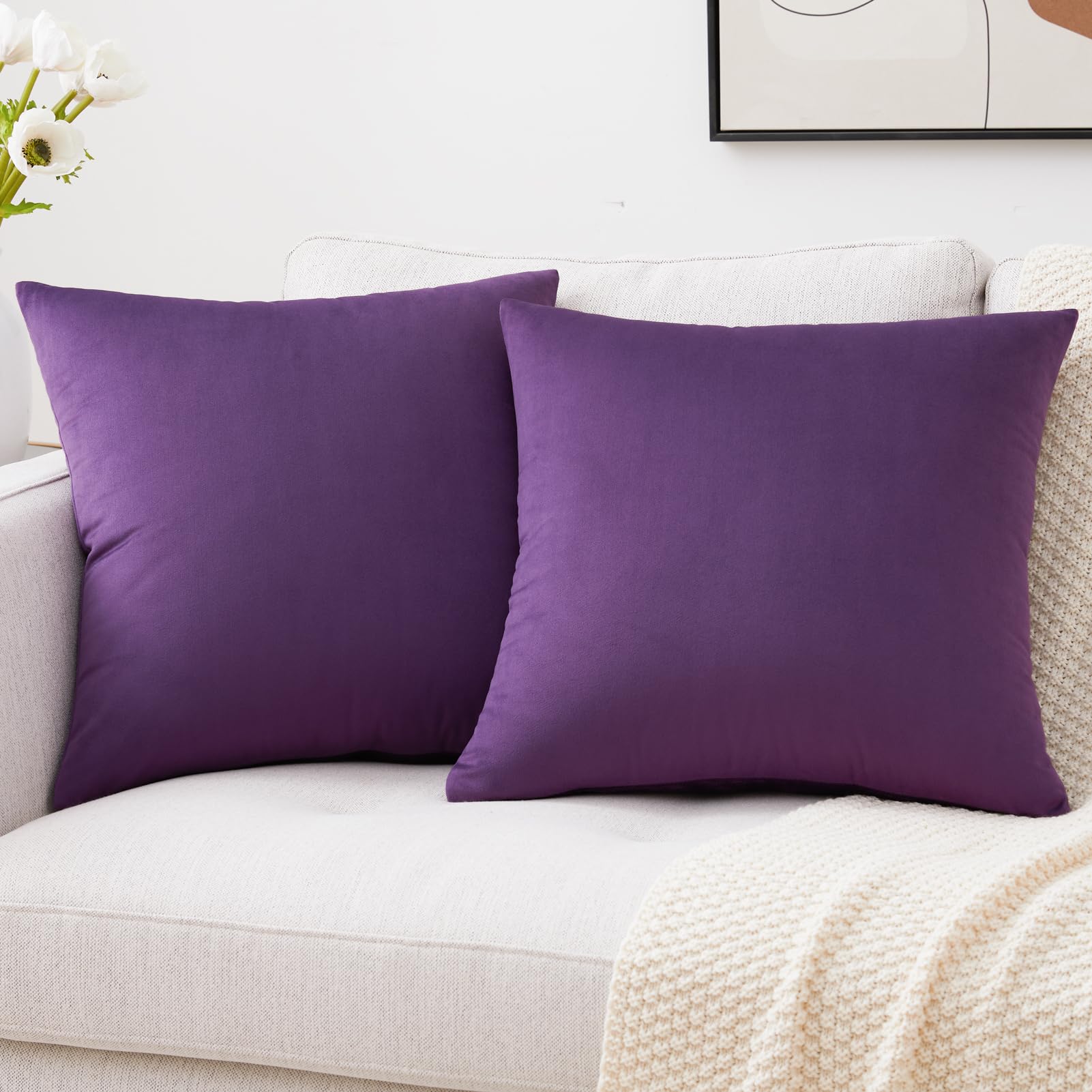 Mixhug Set of 2 Cozy Velvet Square Decorative Throw Pillow Covers for Couch and Bed, Purple, 18 x 18 Inches