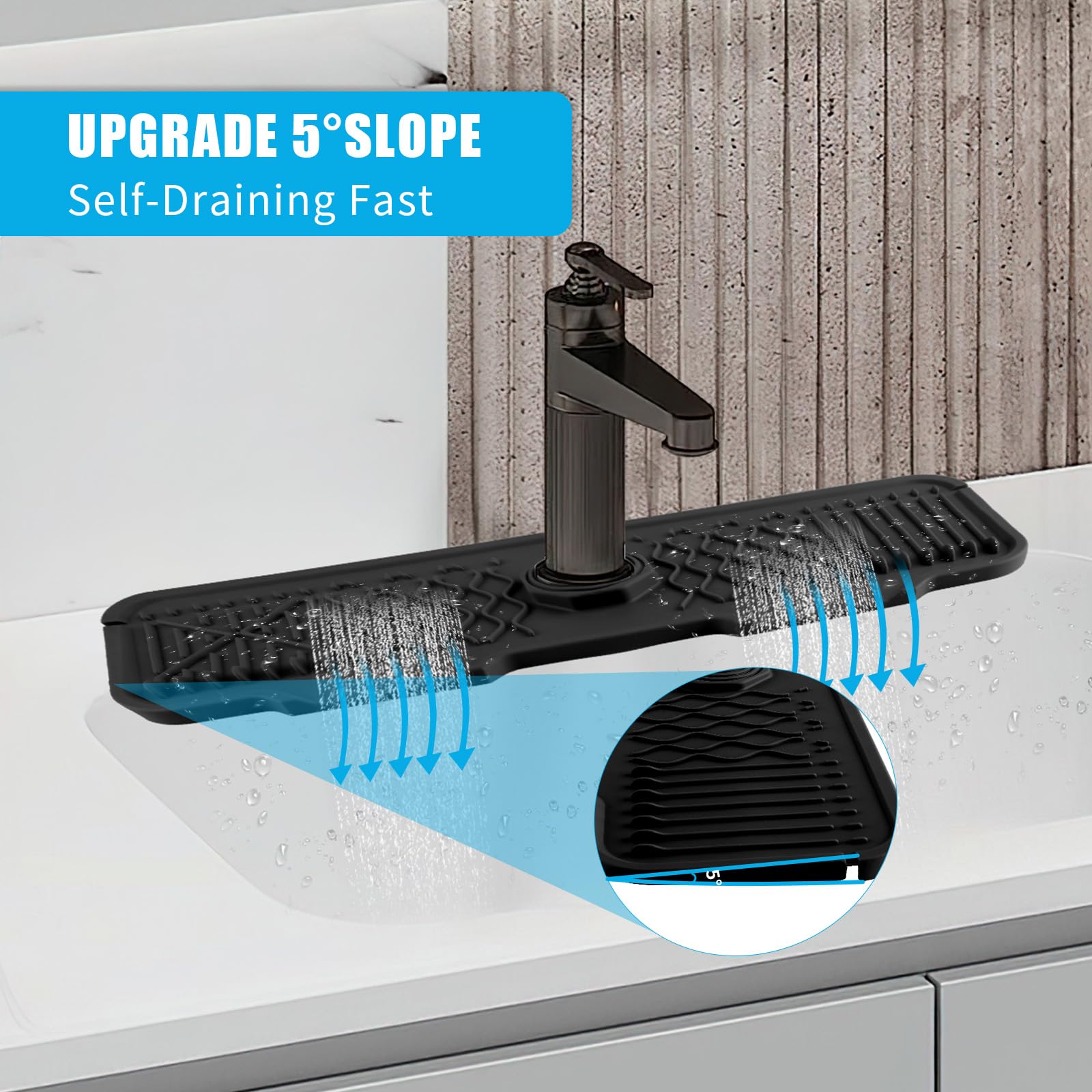 Volminex Tappetino Lavello Cucina Silicone, Paraspruzzi per Lavello Cucina, Tappetini per Rubinetto, Vassoio Antigoccia Cucina, Tappetino di Drenaggio per Proteggere il Piano di Lavoro (Nero, 42 cm